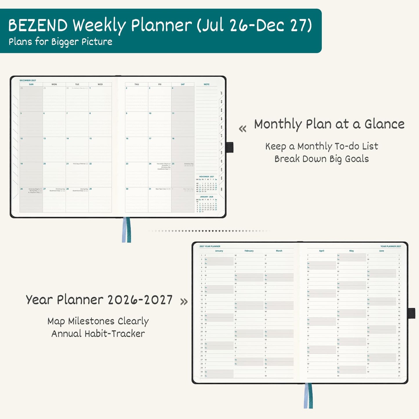 BEZEND Weekly Planner 2026-2027 (8.5" x 11") & Horizontal Layout Notebook (Jul 26-Dec 27) 18 Months Academic Agenda & Monthly Tabs, Ideal for Students, Work & Home, PU Leather Hardcover -Black