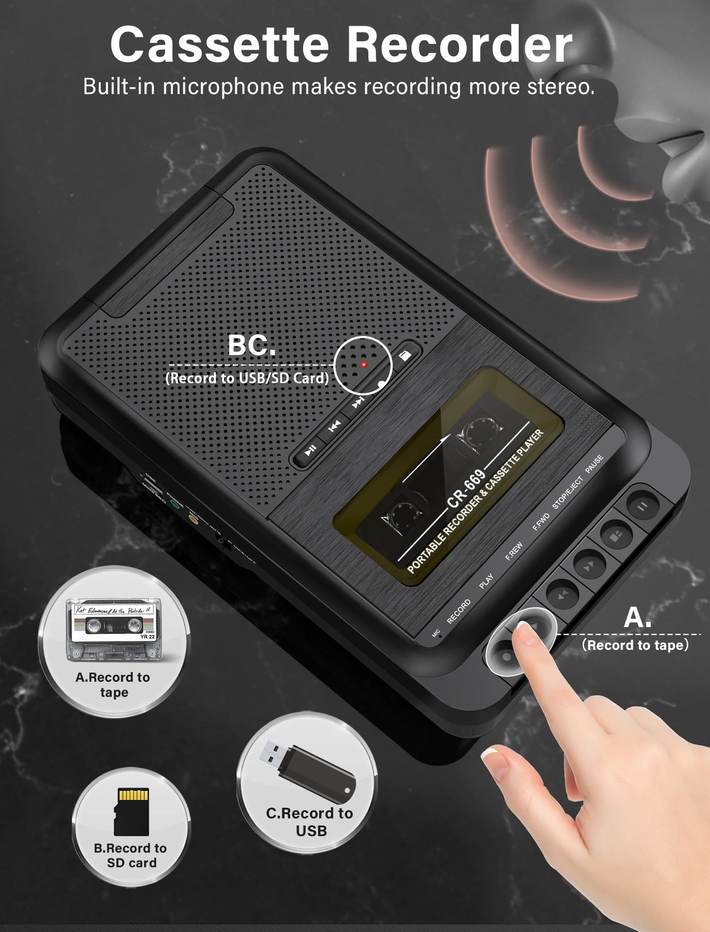 Cassette Player Converter, Portable Cassette to MP3 Music via U Disk/SD Card or PC, Record to Cassettes/USB/SD Card via Mic,Cassette Tape Player with Headphone Jack,Retractable Handle (Black)