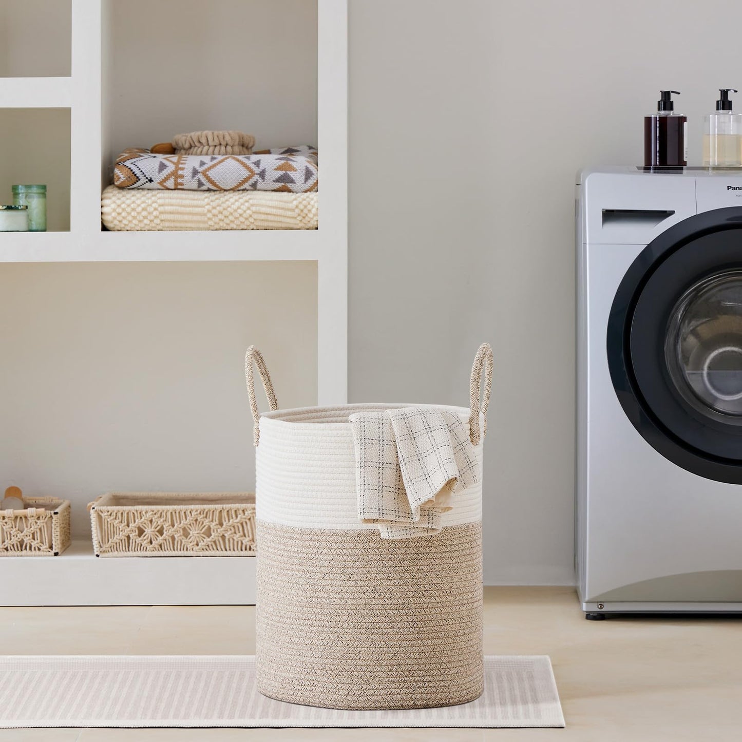 VIPOSCO Large Laundry Hamper, Tall Woven Rope Storage Basket for Blanket, Dirty Clothes in Living Room, Bathroom, Bedroom - 53L White & Brown