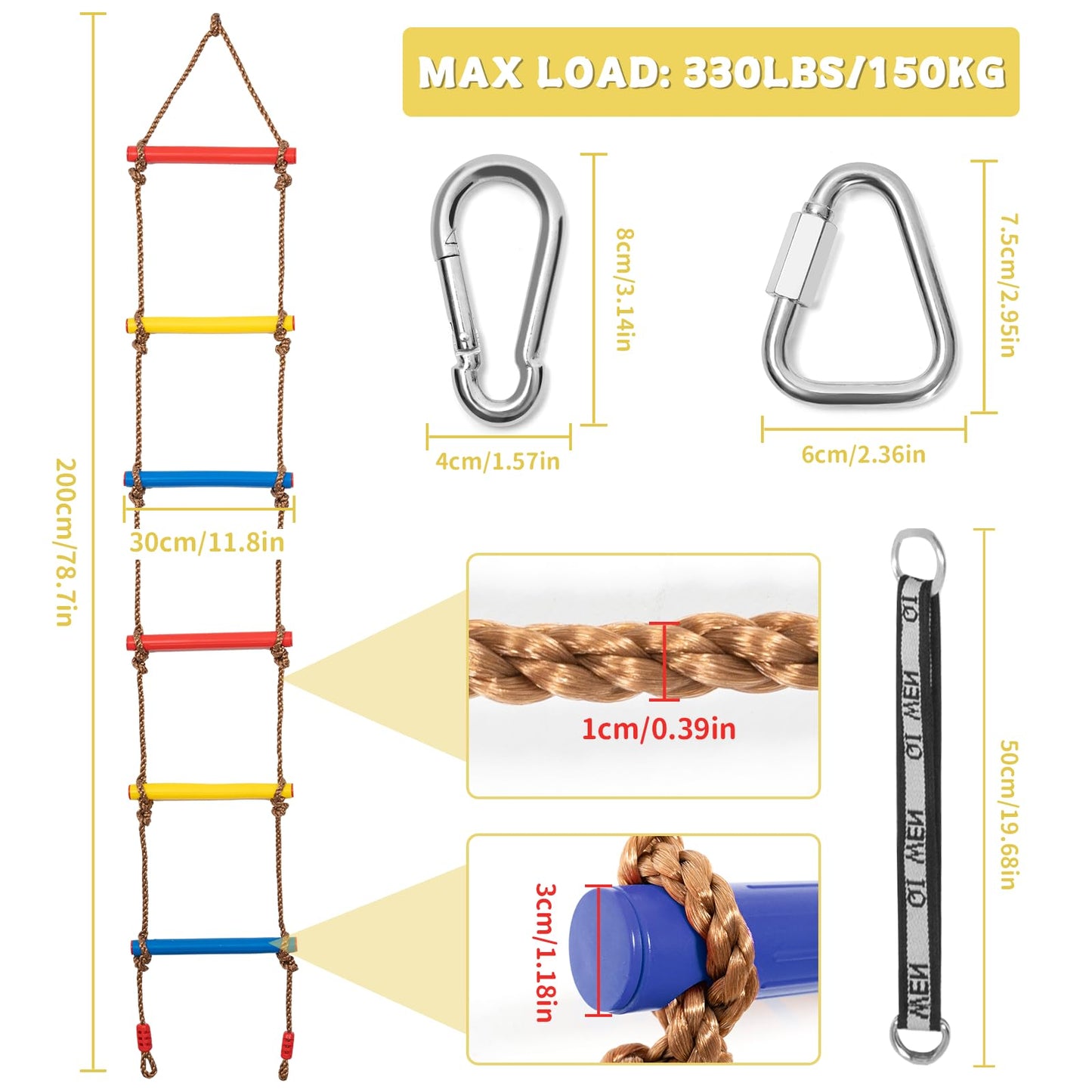 AKOZLIN 6.6FT Climbing Rope Ladder for Kids Hanging Climbing Ladder Rope Tree Swing with 1 Strap & 2 Carabiner Indoor and Outdoor Backyard Playground Play Swing