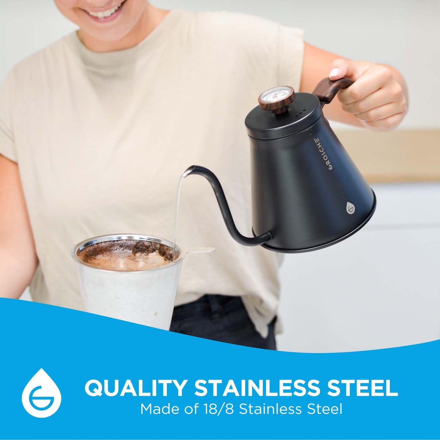 GROSCHE Marrakesh Gooseneck Kettle Stovetop - Stainless Steel Pour Over Coffee Kettle Stovetop, Tea Kettle, Stovetop Gooseneck Kettle, Coffee & Tea Kettle, Canadian Brand! - 34 fl. oz, Black
