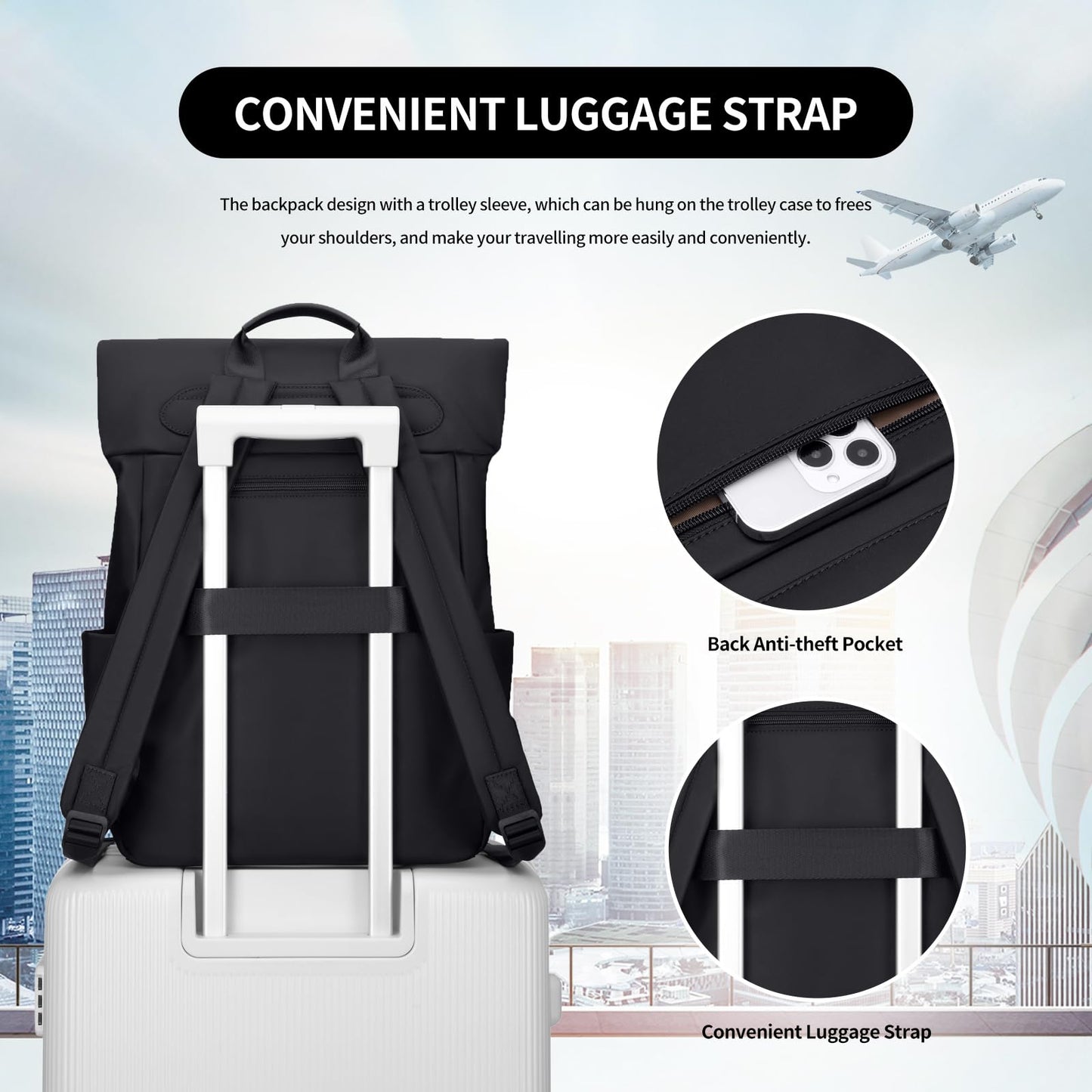 GOLF QUALITY Laptop Backpack with Flap 15.6Inch mochila de viaje Anti-theft Bookbag Casual Daypack for Women Men Travel Commute College Work Teacher,Black