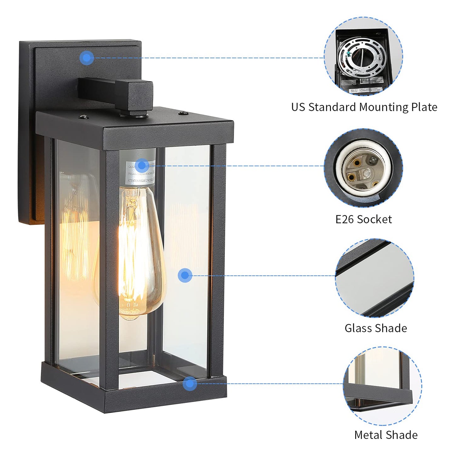 RETRELMP Outdoor Wall Light, Black Exterior Wall Lantern Fixture with Clear Glass Shade, Waterproof Modern Metal Porch Wall Sconce for Patio Garage E26 Socket (2 Pack)