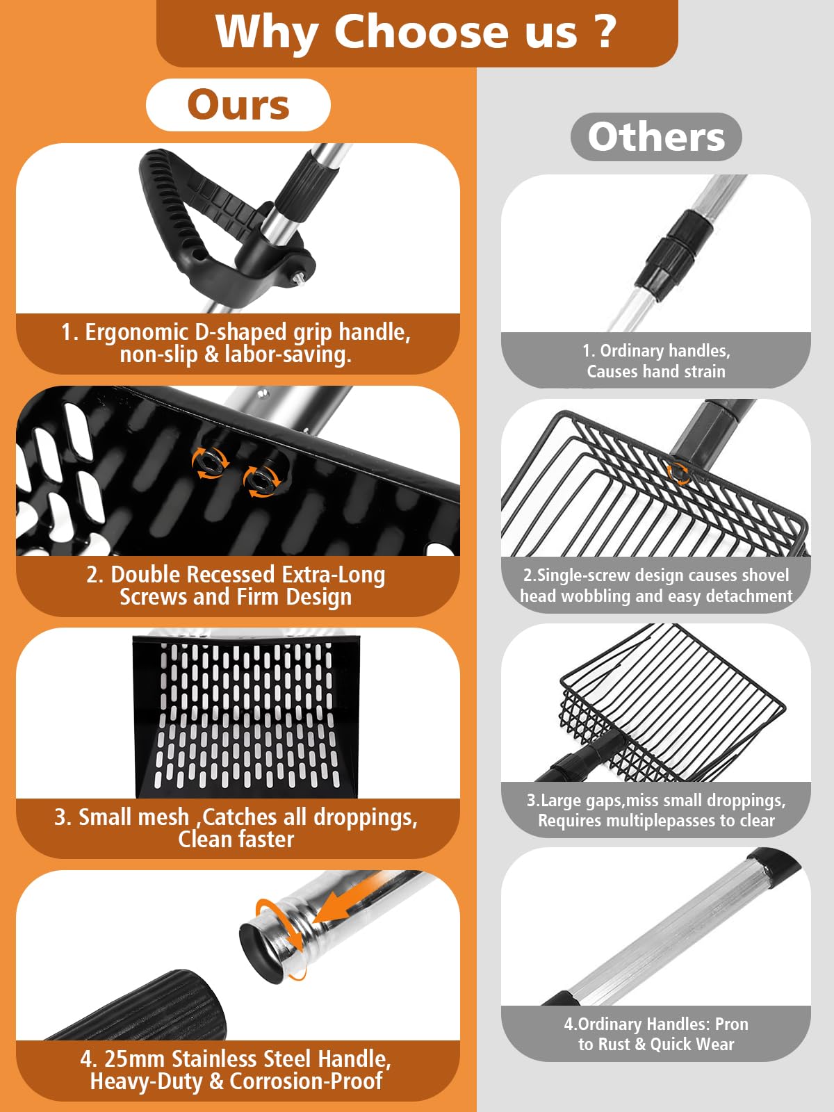 Chicken Poop Scooper with Ergonomic D-Grip 64" Long Handle 4 Sections Adjustable Stainless Steel Chicken Coop Scooper for Sand Sifting Shovel Farm Beach Garden Yard Waste Litter Pooper Cleaning Tools