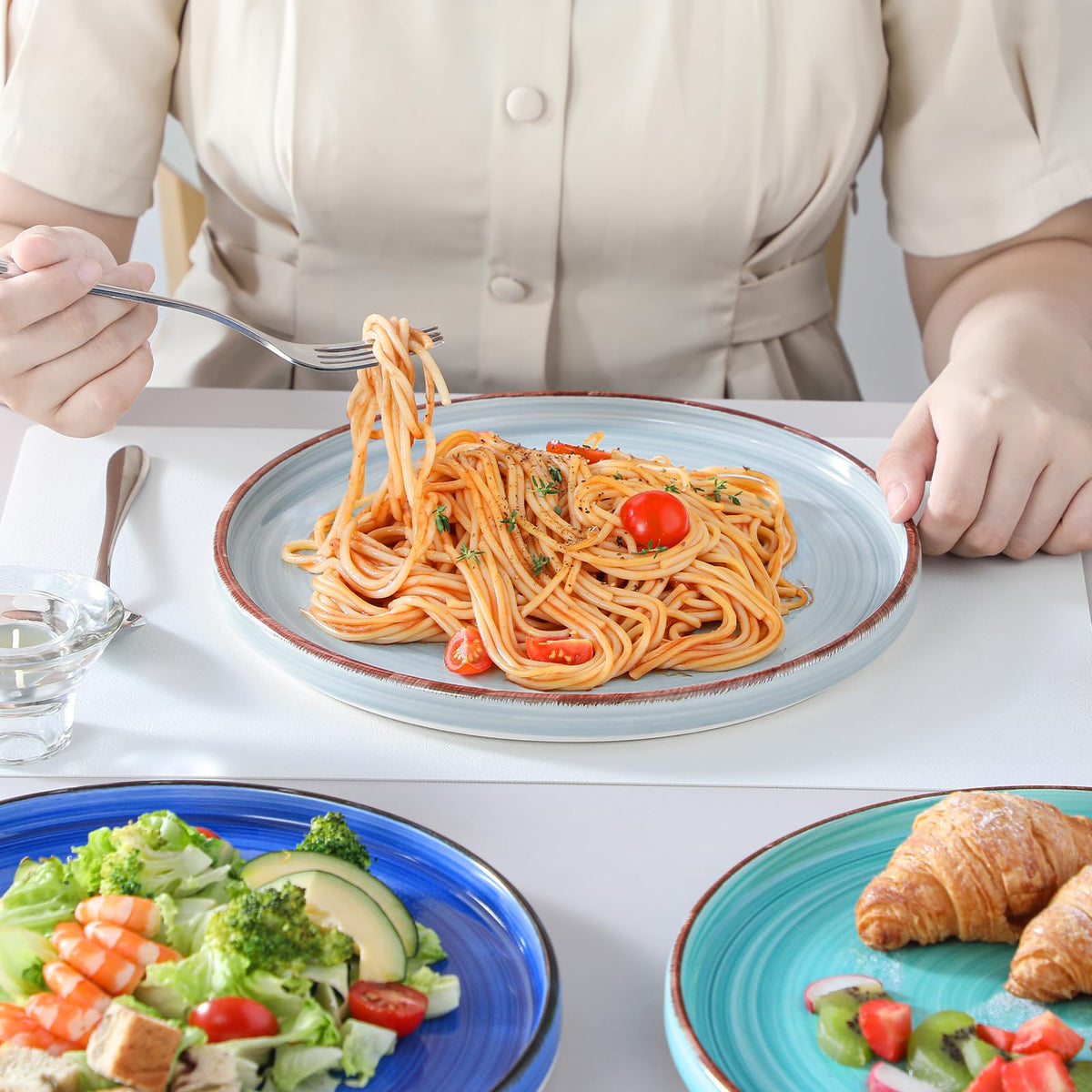 vancasso Bonita 10.5 Inch Dinner Plates, Ceramic Dinner Plate Set, Salad Plates Set of 6, Large Dinnerware Plates, Microwave, Oven and Dishwasher Safe, Blue