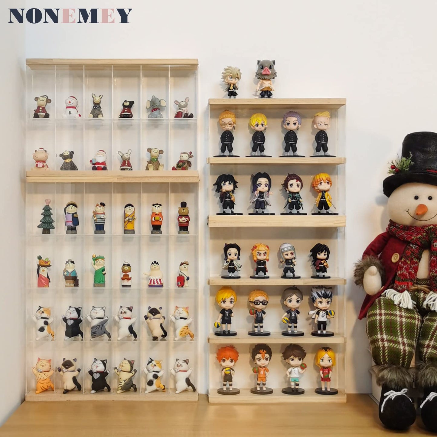 NONEMEY Clear Acrylic Display Case Stand with Wood Base 2 Tier、3 Tier、12/24 Compartments Storage Box Wall Mount Showcase Dustproof Organizer Box for Collectibles