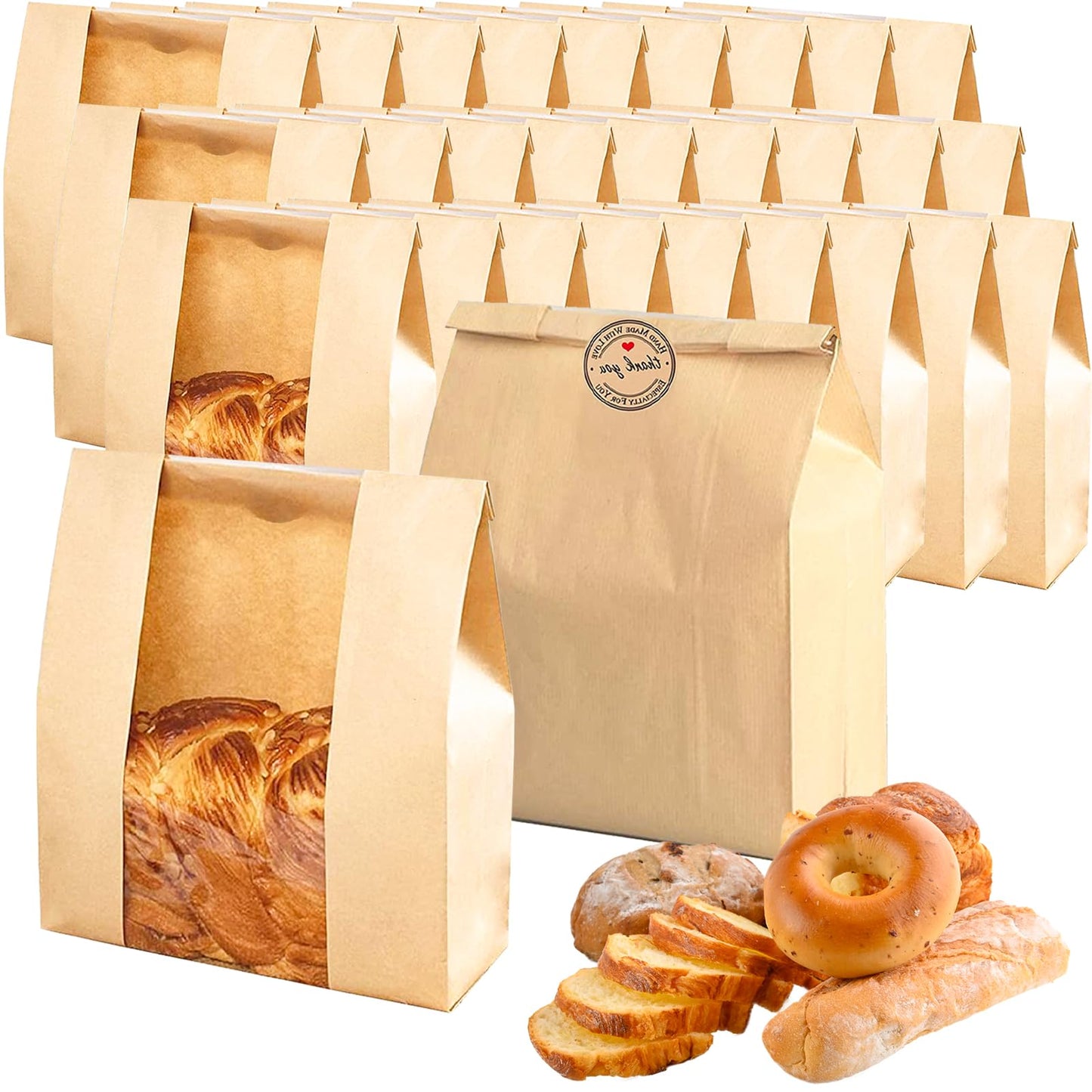 200 Pack Bread Bags for Homemade Bread Kraft Paper Bread Bags for Storing Loaves & Snacks Sourdough Bread Bags with Clear Window 13.7x8.2x3.5 Inch with Label Stickers