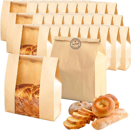 200 Pack Bread Bags for Homemade Bread Kraft Paper Bread Bags for Storing Loaves & Snacks Sourdough Bread Bags with Clear Window 13.7x8.2x3.5 Inch with Label Stickers