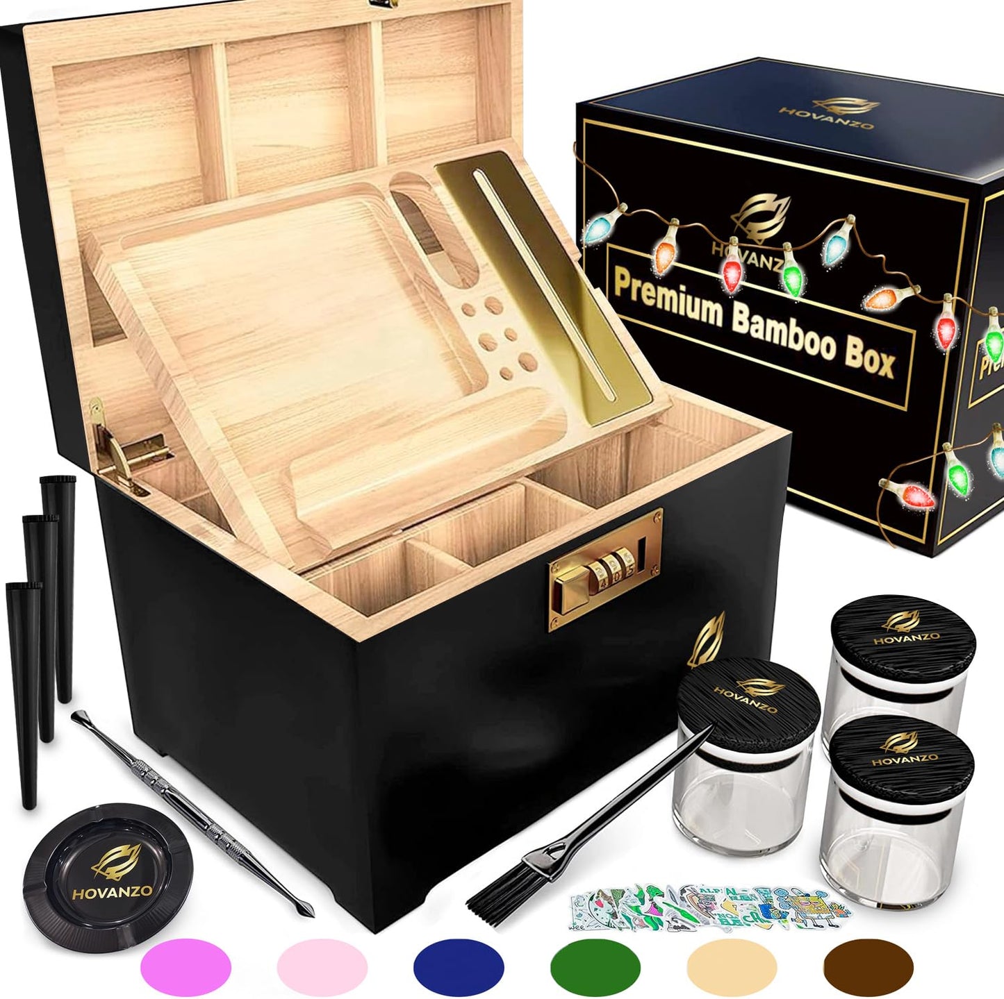 Premium Large Bamboo Storage Box with Rolling Tray - Decorative Box Set with Combination Lock - Large Wooden Container – Wood Box for Herbs and Accessories - Box Kit with Glass Jars