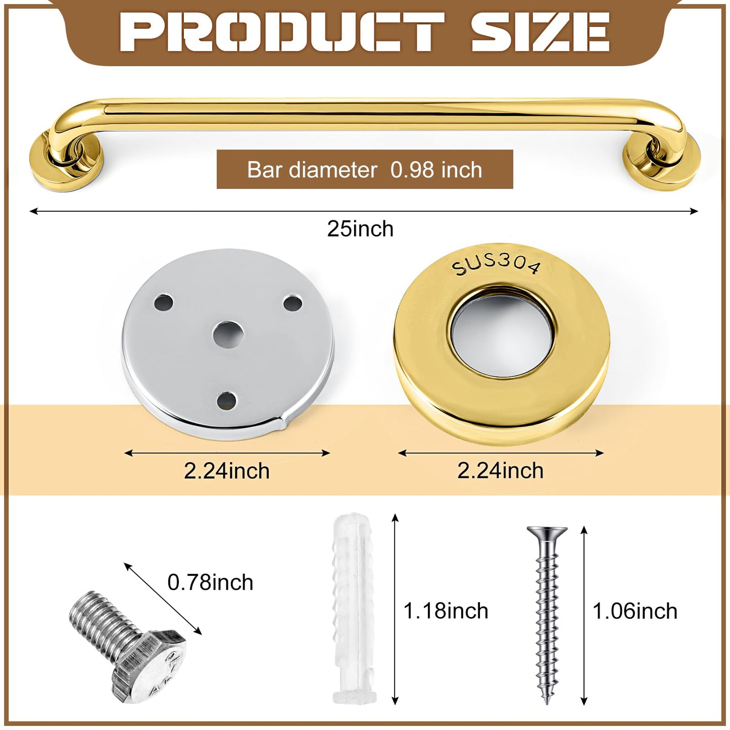 Tatuo 4 Pack Showers Grab Bars for Bathtubs 304 Stainless Steel Bathroom Safety Handrails Anti Slip Handles Grab Bars for Elderly, Senior, Pregnant(Gold, 25 Inch)