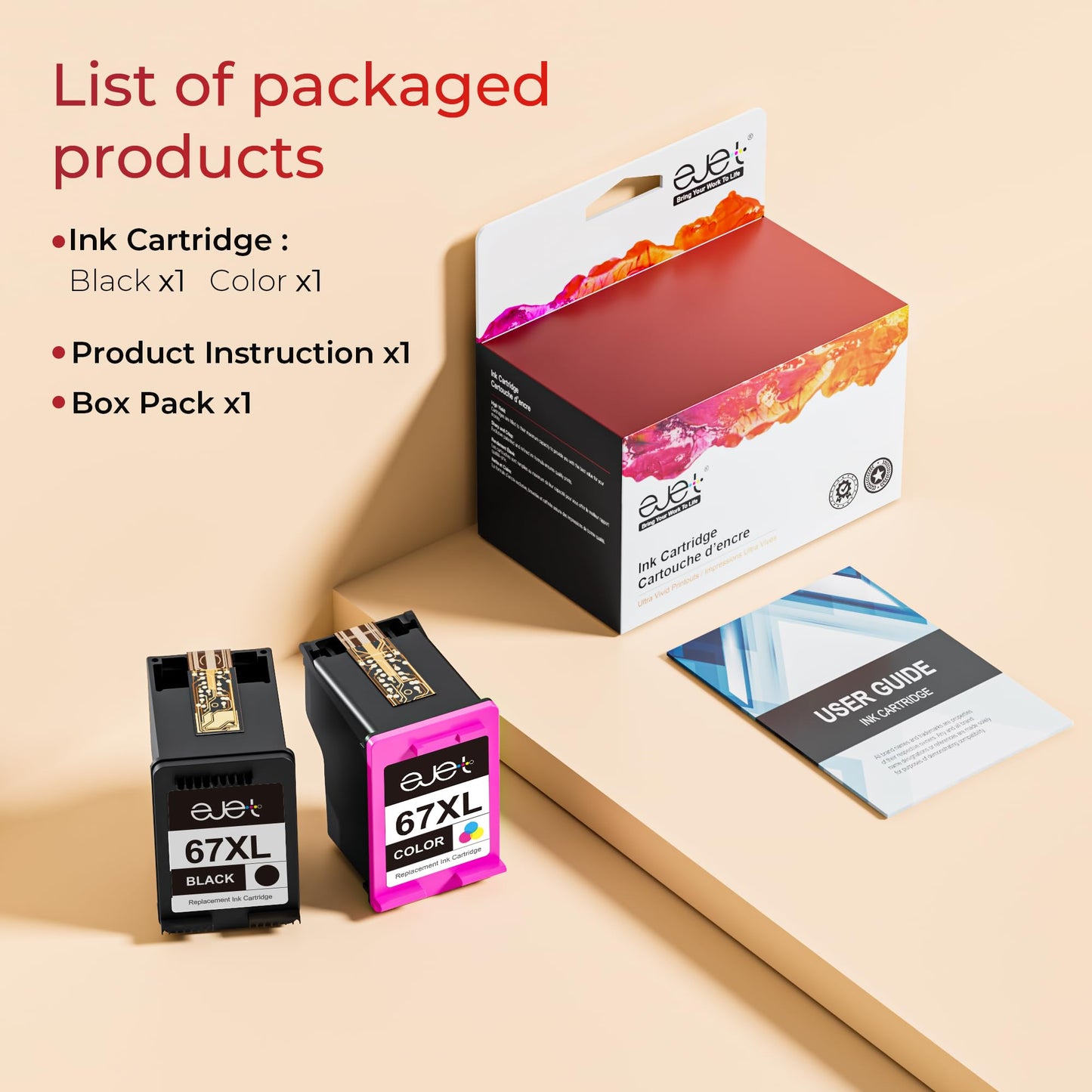 67XL Ink Cartridges Black/Color Combo Pack Compatible for HP Ink 67 67XL Works with HP Envy 6010e 6020e 6022e 6030e 6032e 6034e 6052e 6055e 6065e Series (2-Pack)