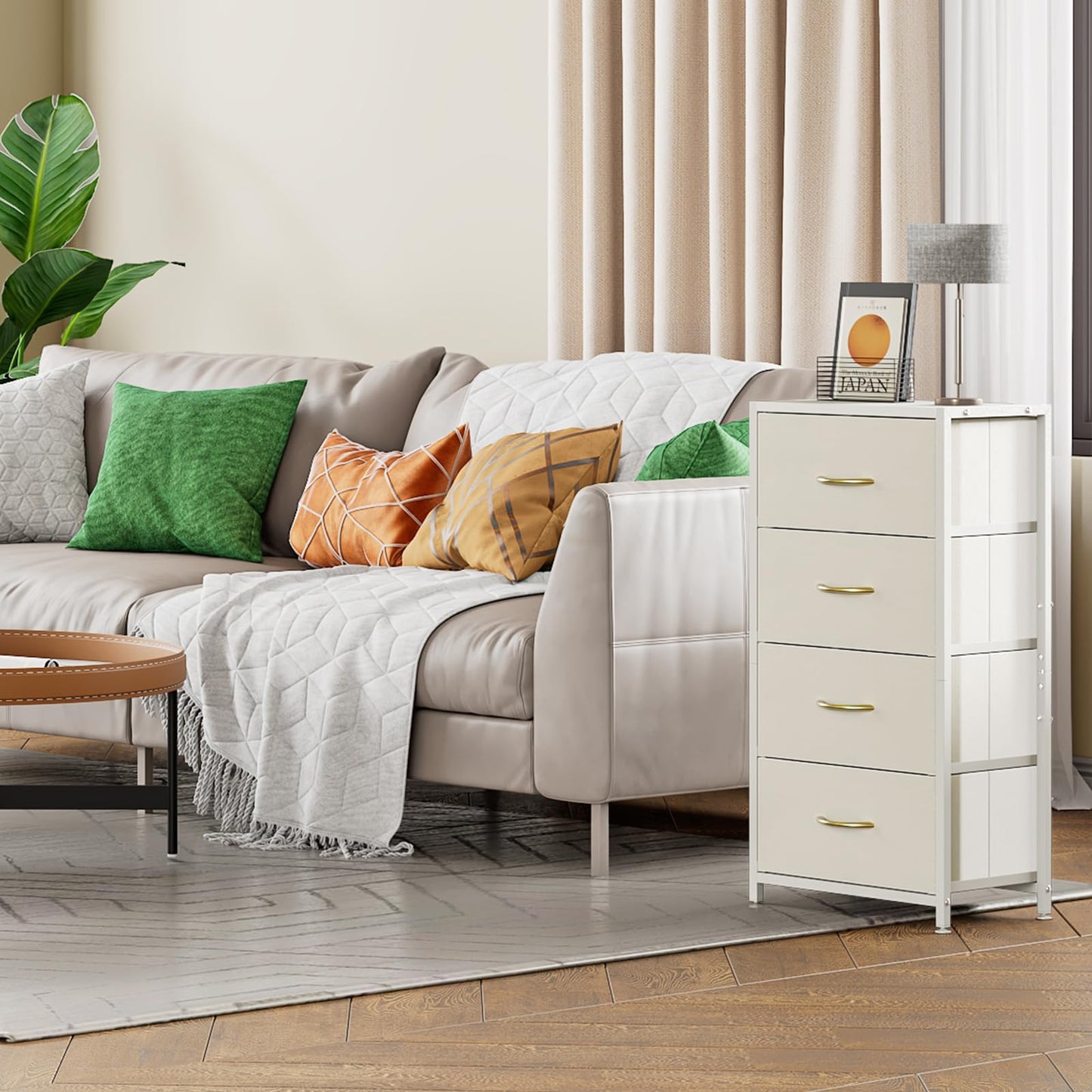 4-Drawer Dresser Vertical Storage Tower Fabric Dresser for Bedroom, Hallway, Entryway, Closet Organizer, Nightstand Bedside Table Furniture,Wooden Top (4-Tier, White)