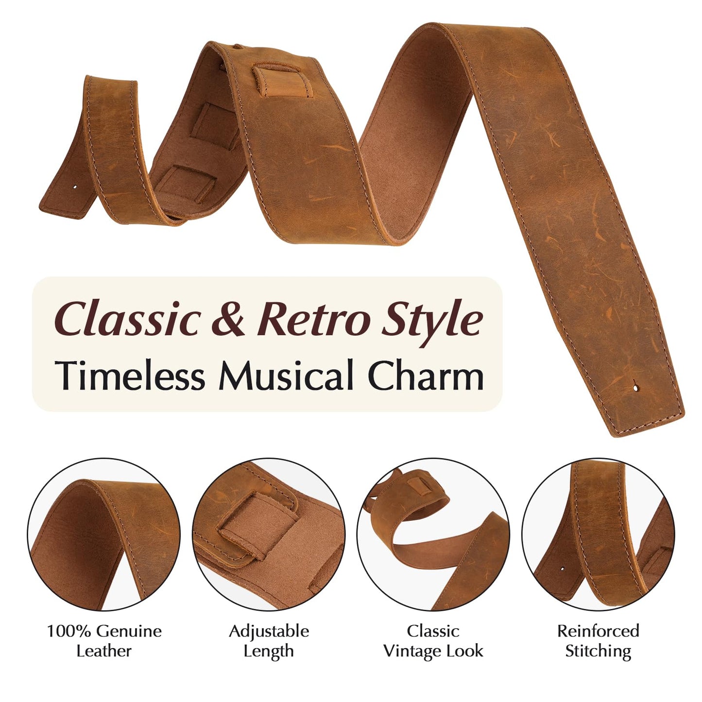 MCKDERWRILL Leather Guitar Strap, Adjustable 45" to 52", Reinforced Keyhole & Slots, 2.4 Inches Width Leather Guitar Strap for Bass, Electric guitar and Acoustic Guitar (Brown)