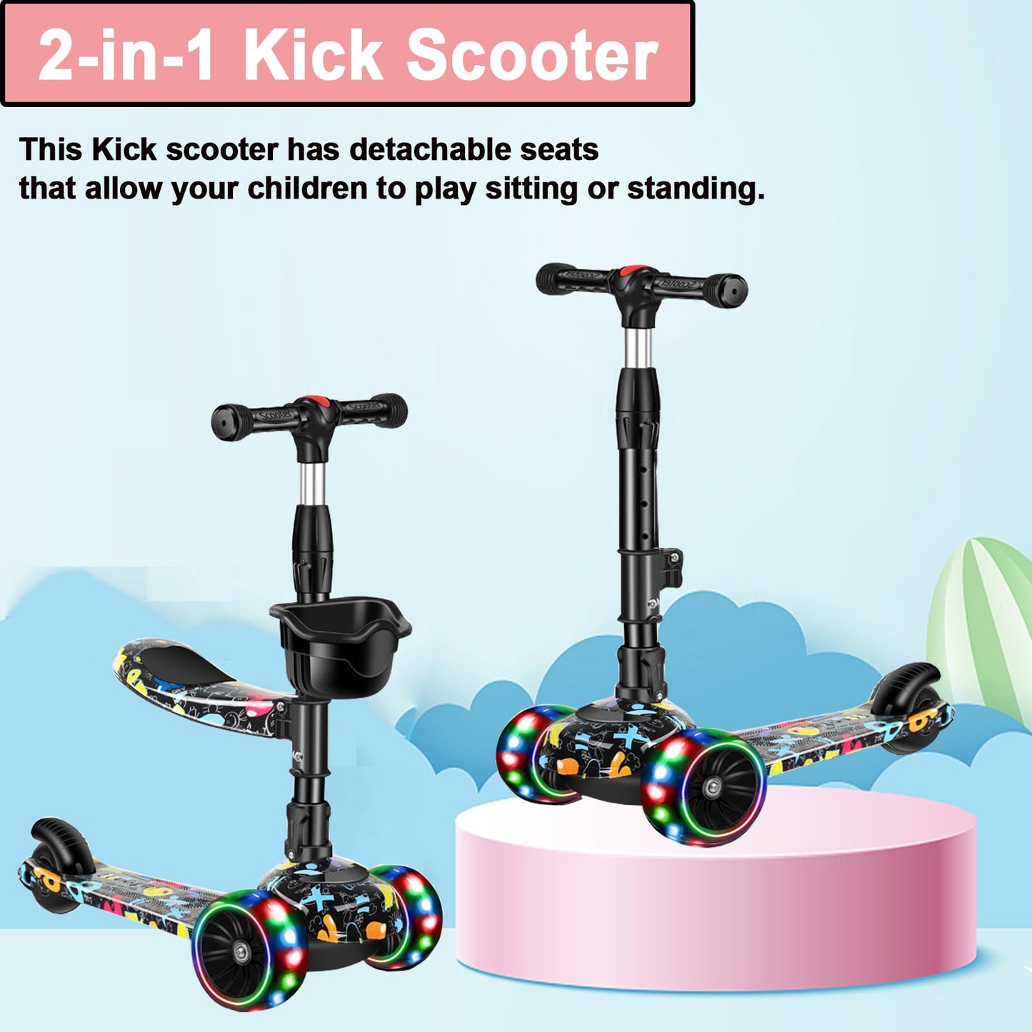 CLrkualn 2-in-1 Kick Scooter for Kids Ages 3-8, Adjustable Height Foldable Scooter Removable Seat, 3 LED Light Wheels, Outdoor Activities for Toddlers Boys Girls (Black)