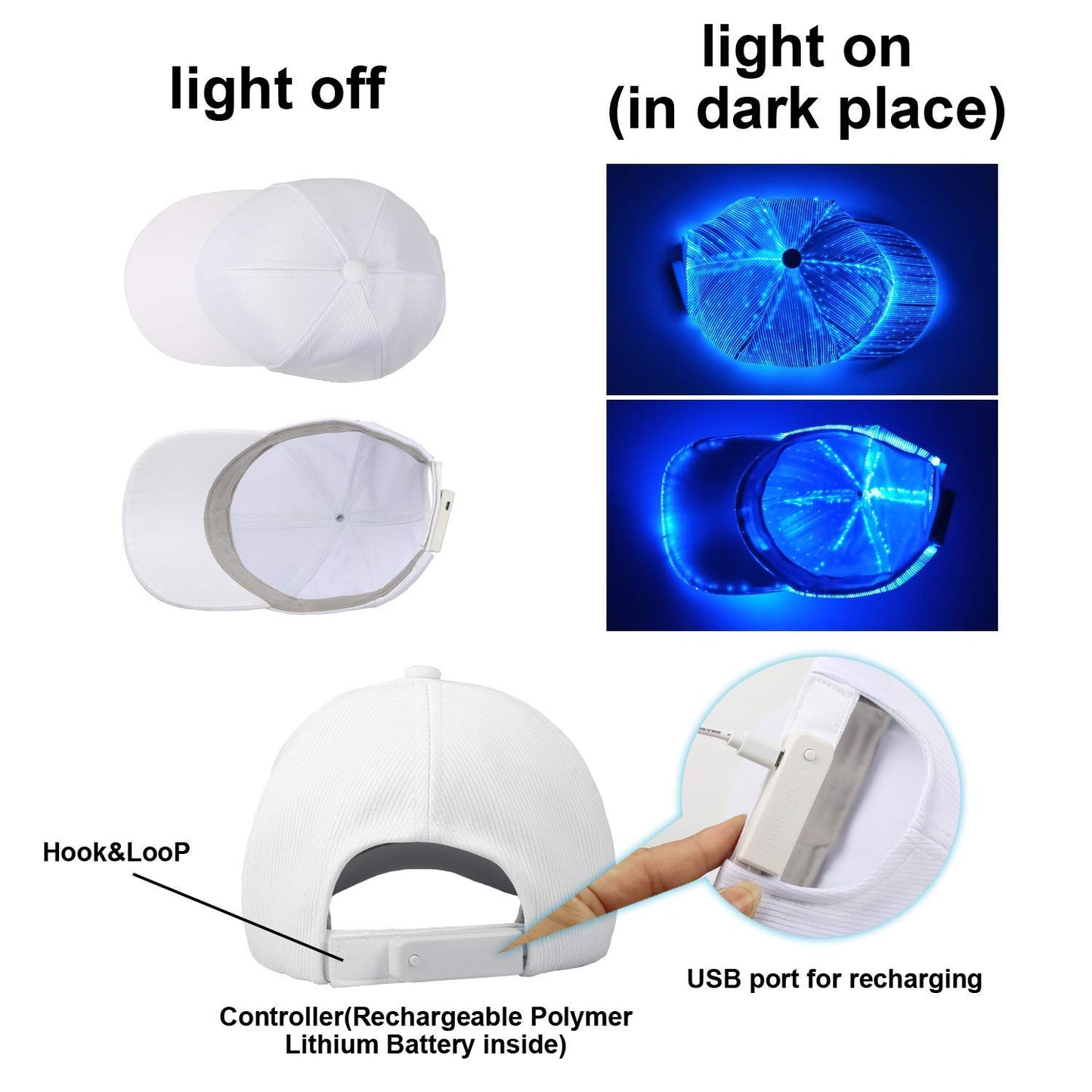 Ruconla Fiber Optic Cap LED hat with 7 Colors Luminous Glowing Hip hop Baseball Hats USB Charging Light up caps Christmas Cap