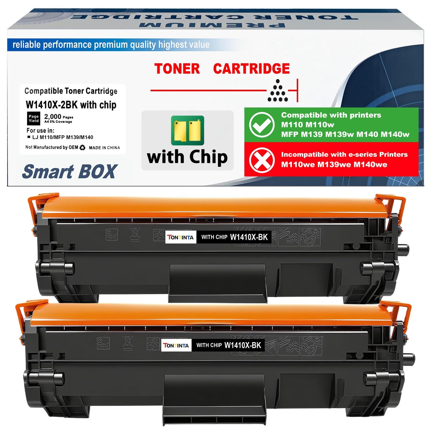 TONTINTA 141X W1410X ( W1410A 141A ) Compatible Toner Cartridges High Capacity 2000 Pages for M110 M110w MFP M139 M140 M140w Printers, Incompatible with e-Series Printers (with Chip, 2 Black)
