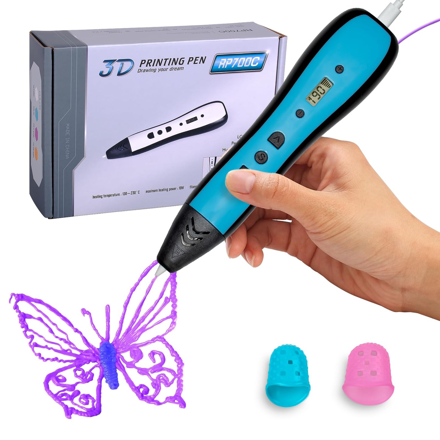 Kretrum 3D Pen | 3D Printing Pen with LCD Display | 3D Painting Pen with 1.75mm PLA Filament, Fingerstall, Pen Holder, Stencil Book, Charger | Best Gift Crayon 3D Stylo 3D Blue
