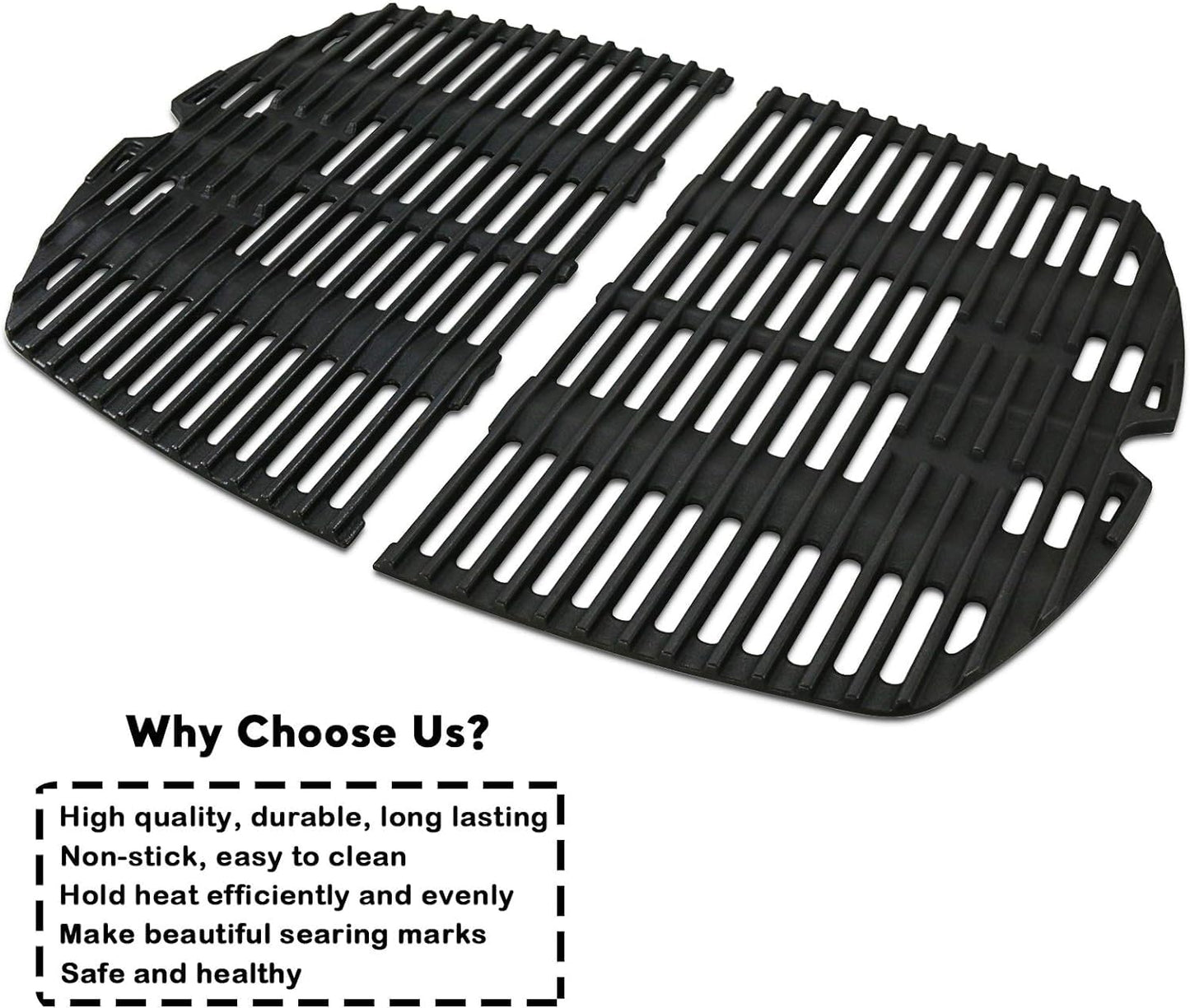 Uniflasy 7645 Cast Iron Cooking Grates 15.3"x10.75" for Weber Q200, Q220, Q2000, Q2400 Series Gas Grills, Grill Parts Grill Grates Replacement for Weber 7645, 65811, 69935, 2 Pack