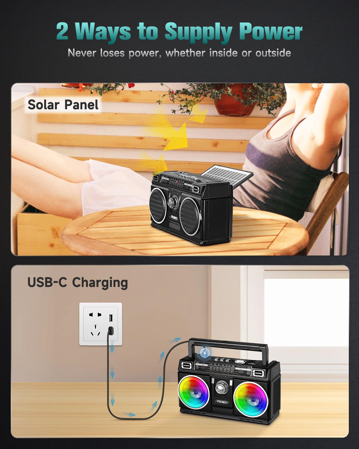PRUNUS Radio AM FM, Portable Transistor Radio with Bluetooth Speaker, USB TF Card Playing, Solar/USB-C Rechargeable Radio, Double Speaker, Colorful Light