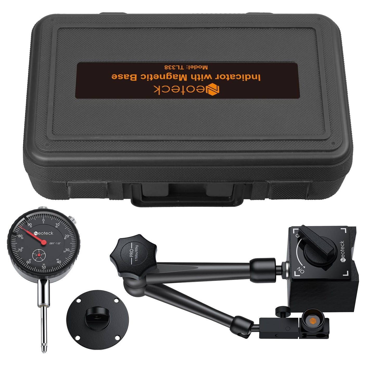 Neoteck 0-1"/0.001" Dial Indicator and Magnetic Base Set with Storage Case, Measuring Tool Dial Gauge and Magnetic Holder for 3D Printer Lathe Workshop CNC Machine Table Saw- 176lbs (80kg) Max Pull