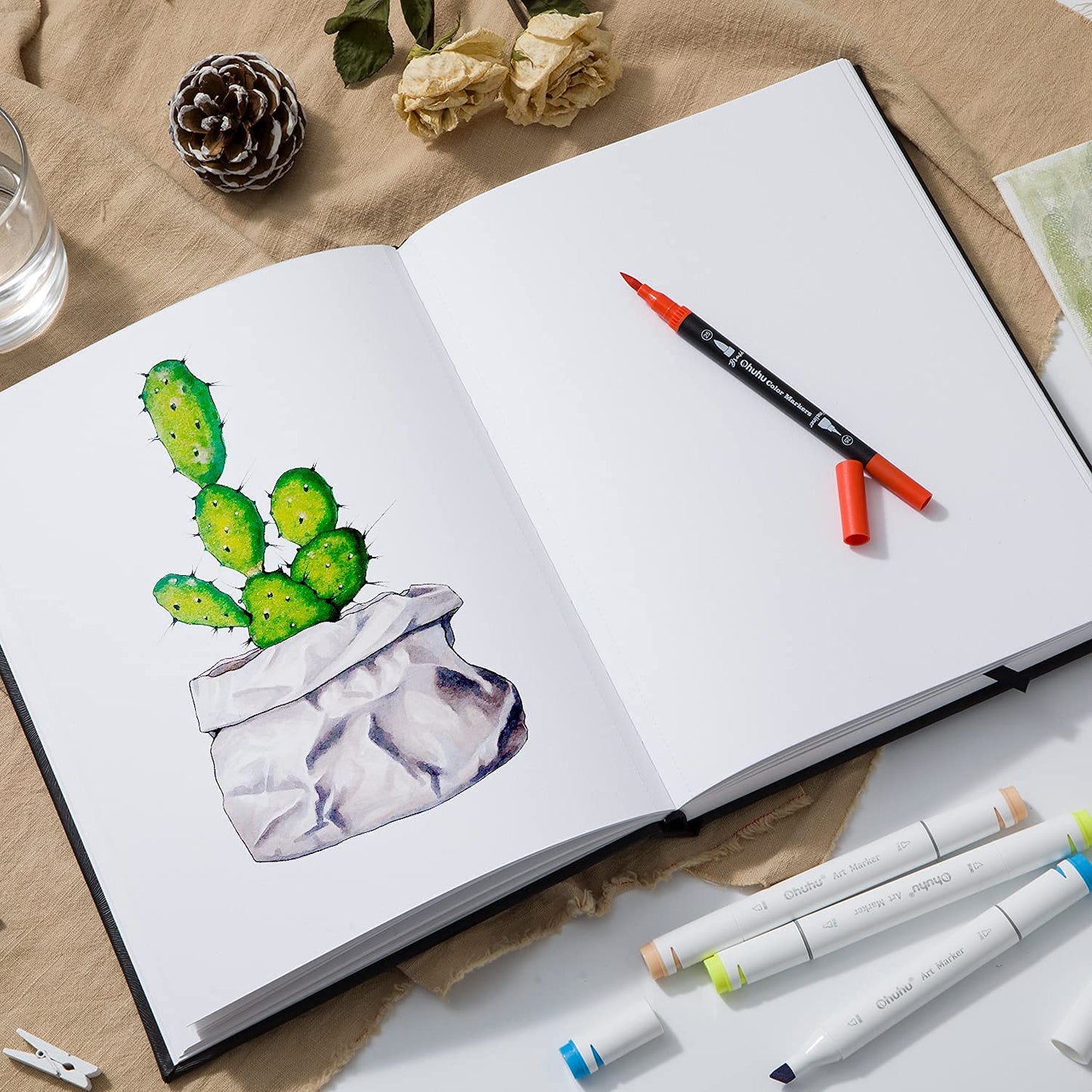 Mix Media Sketchbook, Ohuhu 10.8"×8.3" Mixed Media Art Sketchbook, 120 LB/200 GSM Heavyweight Papers, 78 Sheets/156 Pages, PU Hardcover Mixed Media Paper Pad for Acrylic, Painting, Christmas Gift