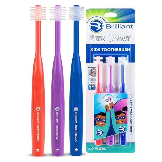 Brilliant Child Toothbrush by Baby Buddy - For Ages 2+ Years, BPA Free Micro Bristles Clean All-Around Mouth, Kids Love Them, Red-Purple-Royal, 3 Count