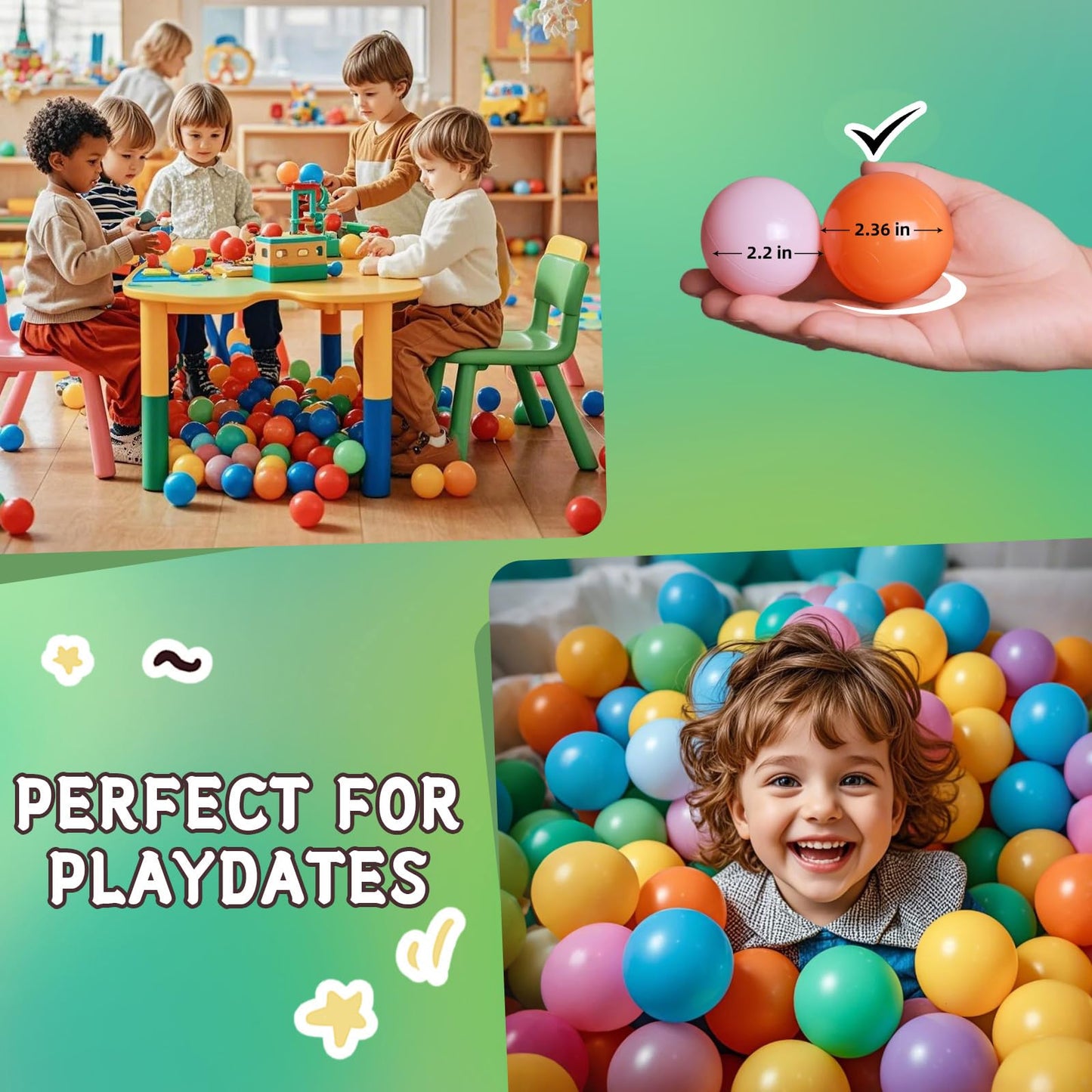 Balls for Ball Pit, 2.4 in, 100 BPA Free Phthalate Free Non-Toxic Play Plastic Balls for Toddlers Baby Kids Party Tent Party, Green+ Blue+ White