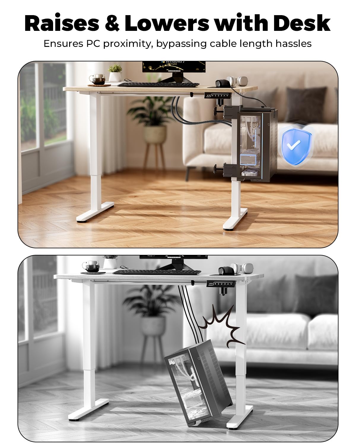 JOY worker Under Desk PC Mount for Standing Desk, Clamp-On Desk Leg Computer Mount, No Drilling, Adjustable Computer Case CPU Holder Holds Up to 44lbs, Black PC Tower Mount