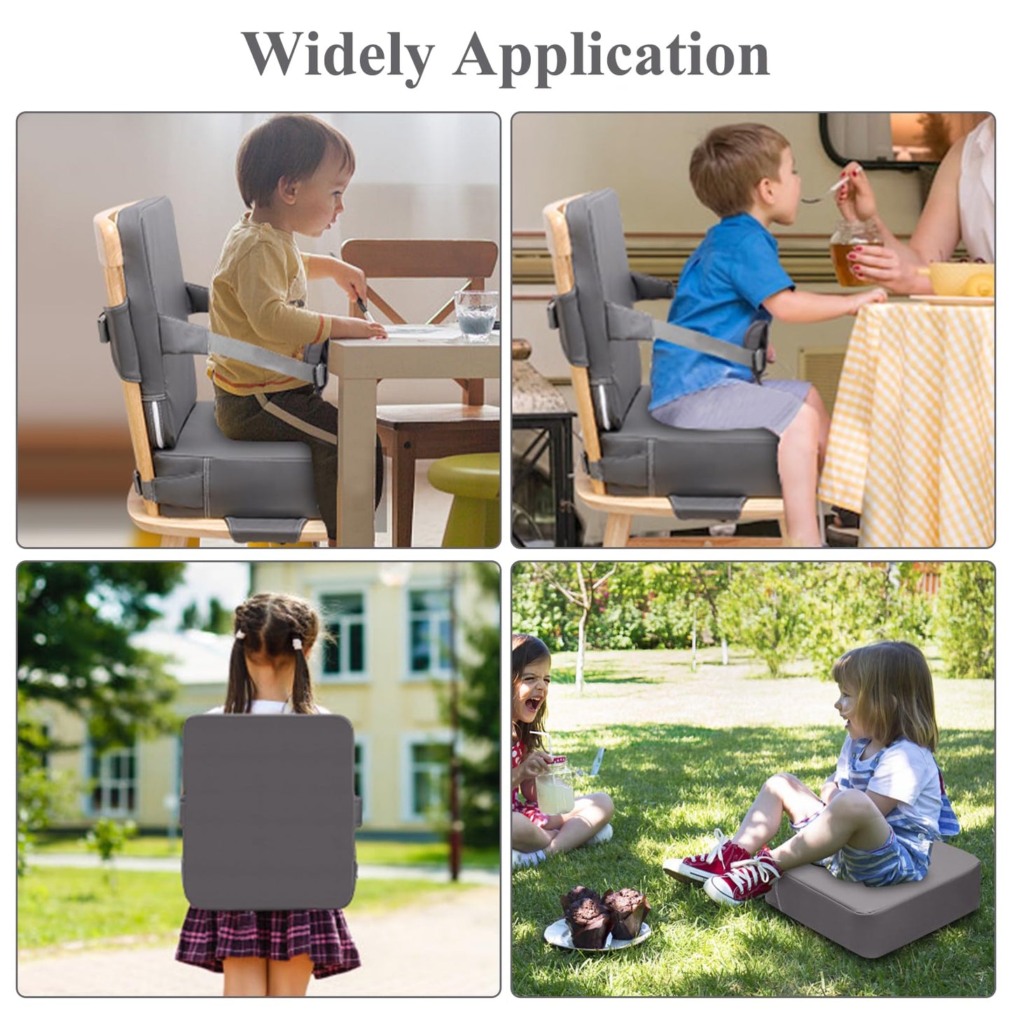 TOTIDYH Toddler Booster Seat for Dining Table, Non-Slip Kitchen Chair Booster Cushion with Backrest and Adjustable Straps, Portable PU Waterproof Travel Baby Booster Increasing Cushion, Dark Grey