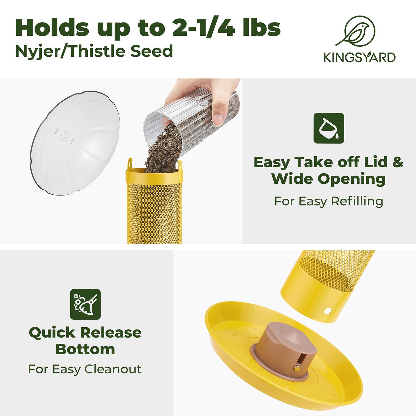 Kingsyard Thistle & Nyjer Bird Feeders for Outdoors Hanging, Metal Finch Feeder with Weatherproof Dome & Removable Tray, 14 Inch Mesh Tube, 2-1/4 lbs Seed Capacity, Great for Wild Bird (Yellow)