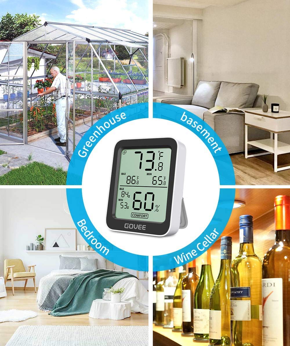 Govee Hygrometer Thermometer 2 Pack, Indoor Bluetooth Humidity Meter with APP Alerts, Room Thermometer with Large LCD Display, Max Min Records, 2-Year Data Storage Export