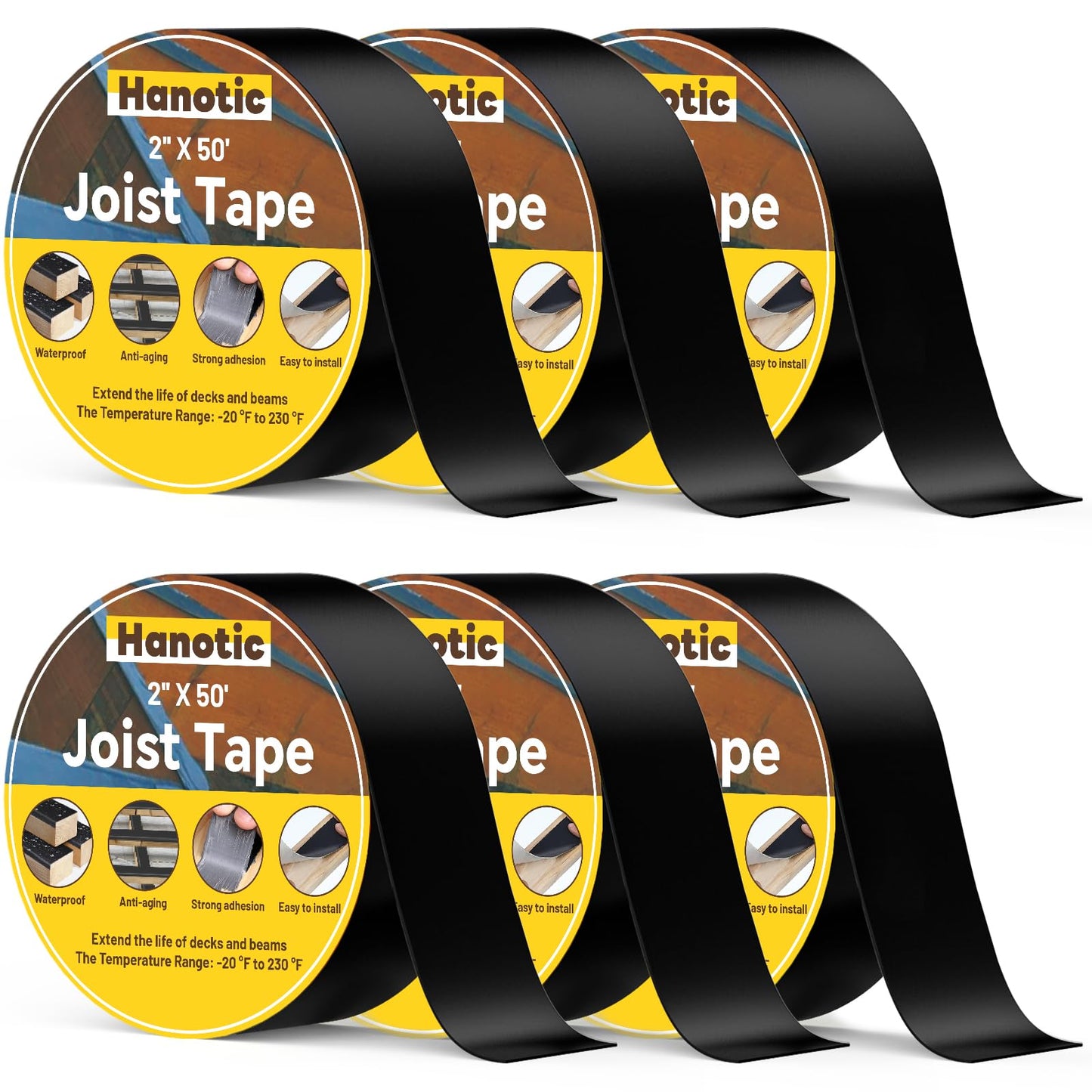 Hanotic Joist Tape for Decking 2'' X 50', 6 Rolls Weather Resistance Butyl Tape, Waterproof and Anti-Corrosion, Self-Adhesive for Wood Joists Decks Beams Roof Rv