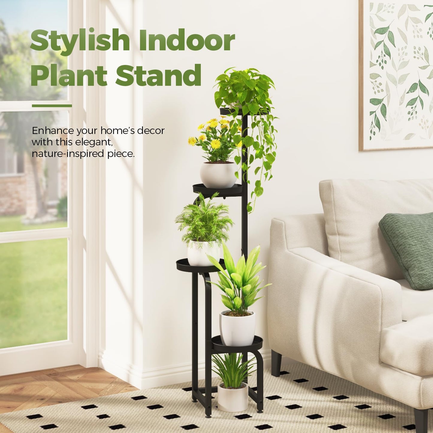 Bamworld Tall Plant Stand Indoor Outdoor, Corner Metal Flower Pot Stands for Multiple Plants, 4 Tier Heavy Duty Plant Shelf for Patio Garden Balcony Living Room Bedroom, Black
