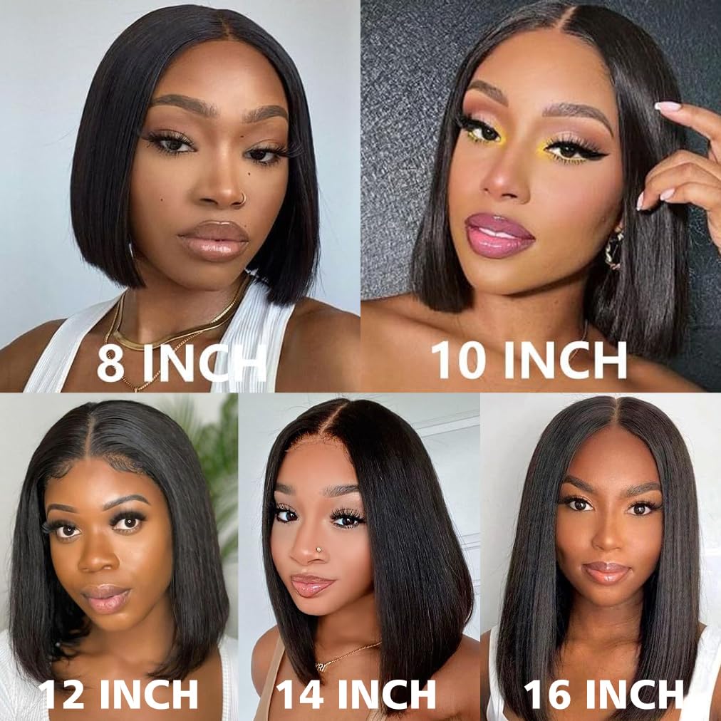 4X4 Lace Front Wigs Human Hair Straight Bob Wig Human Hair Short Wigs for Women Human Hair Pre Plucked 150% Density Glueless Perruque Femme Humain Naturel Black 10 Inch