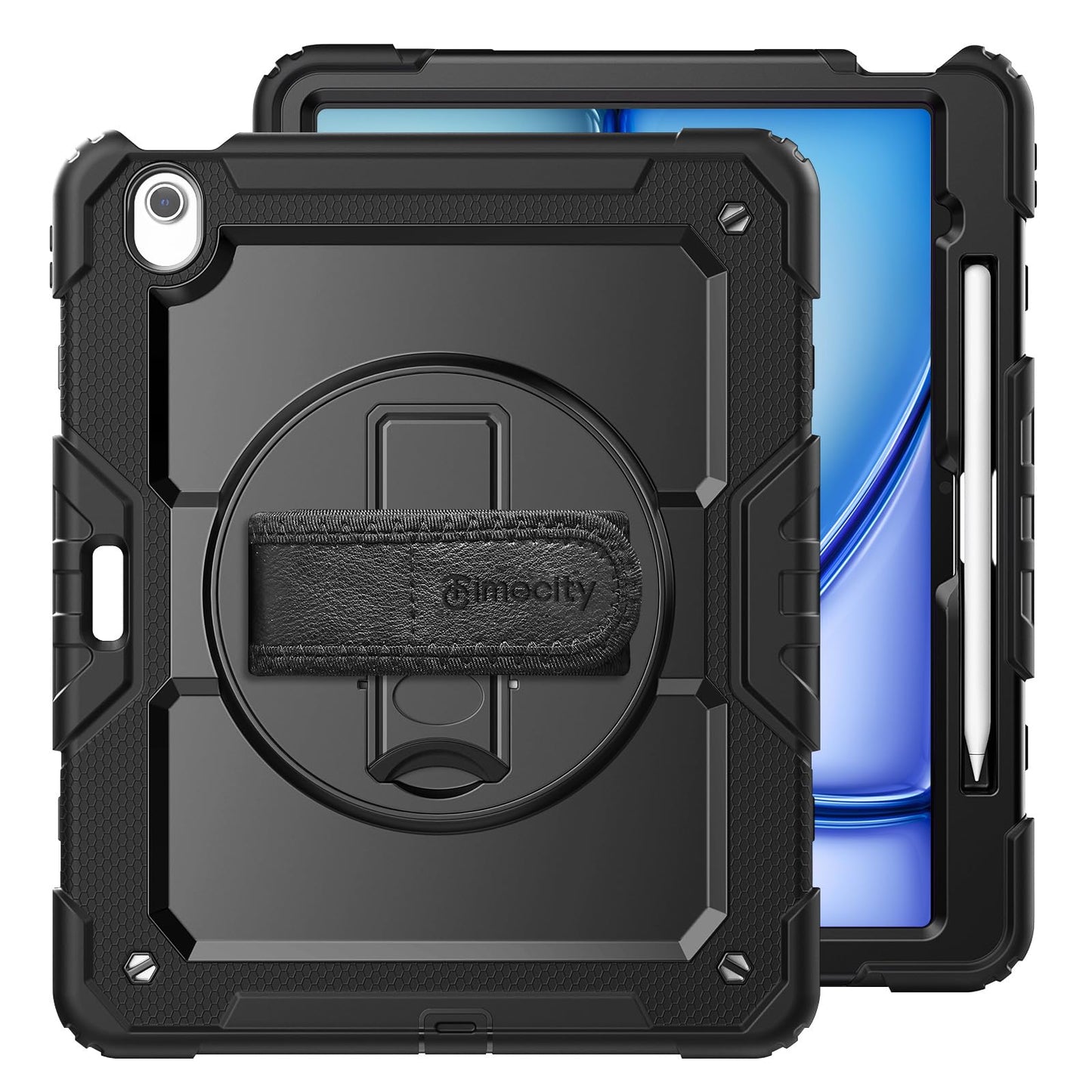 Timecity Case for iPad Air 13 Inch 2024/2025(M2/M3) with Screen Protector/360° Rotating Stand/Soft Hand Strap/Pencil Holder Should Strap Shockproof for iPad Air 13" -Black