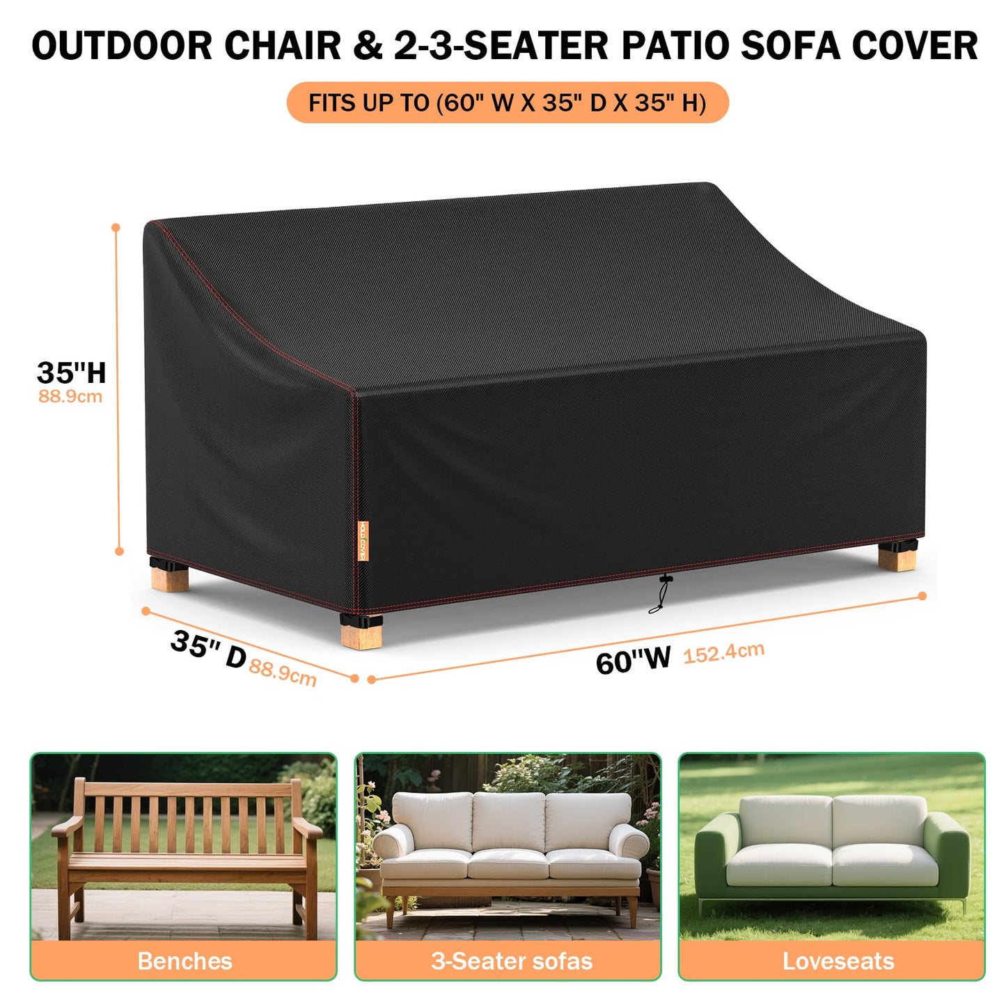 Patio Sofa Cover, 2-Seater Outdoor Couch Covers Waterproof Winter, 420D Patio Furniture Cover Loveseat, Outdoor Sofa Covers with Anti UV and No Tears, No Fading (Black, 60" W x 35" D x 35" H)