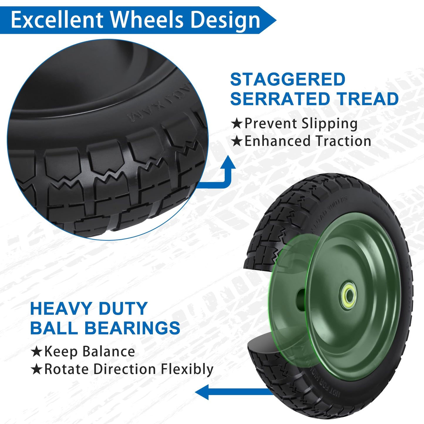 13 Inch Flat Free Wheels Tires 4.00-6 Solid Replacement with Universal 5/8" Axle Bore Hole, 8 Spacers and 4 Pins, for Wheelbarrow, Garden Wagon, Hand Truck, Trolley, Lawn Mower, 2 Pack