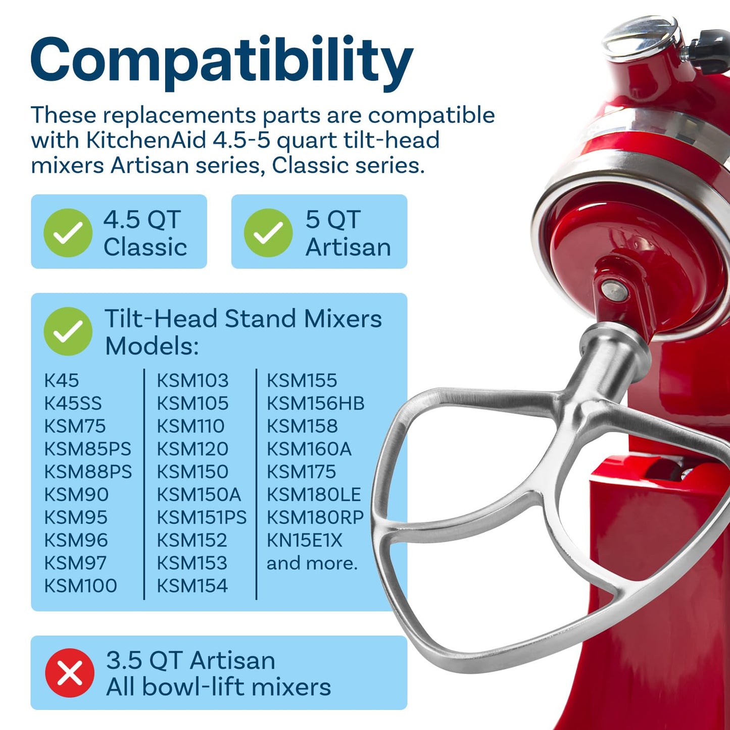 Mixer Attachments for KitchenAid 4.5–5 Quart Tilt-Head Stand Mixers – Compatible with Artisan & Classic – Beaters, Whisks, Dough Hooks & Attachment Sets by MMOBIEL (3-in-1, Stainless Steel)