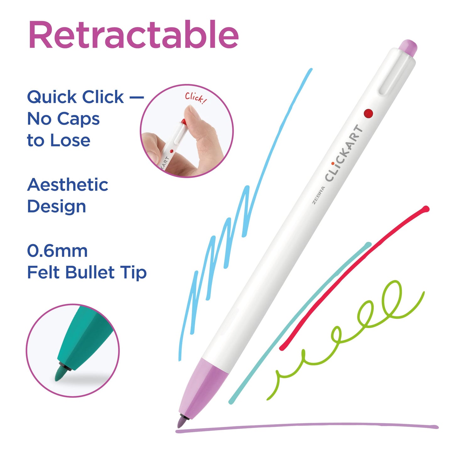 Zebra Pen CLiCKART Retractable Felt Tip Pen, Assorted Ink Colours, 0.6mm Fine Point, Moisture Absorbing to Prevent Drying Out, No Bleed, Ideal for Journaling, Drawing and Writing, 24-Pack (69824)
