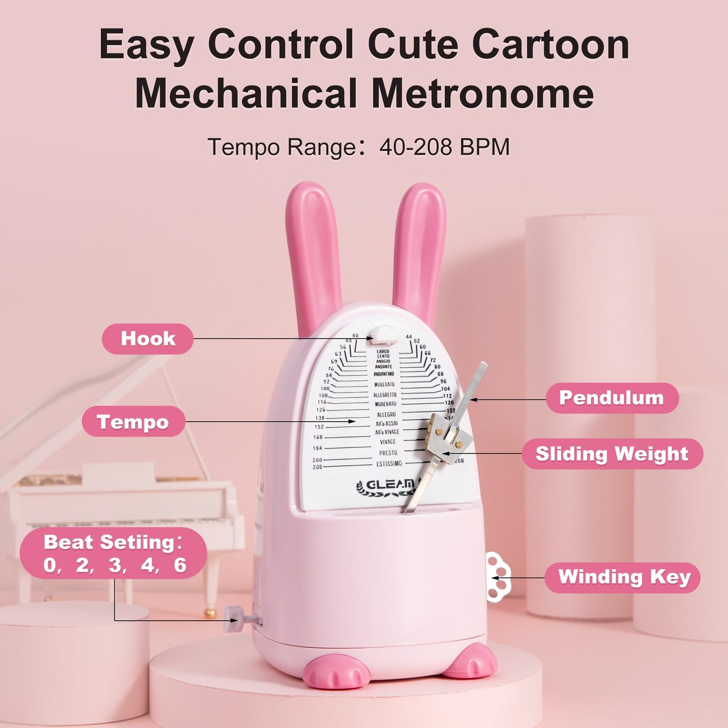 Easy Control Cute Cartoon Mechanical Metronome for Piano Drum Guitar Violin Ukulele Players with Bell, Pink-Rabbit