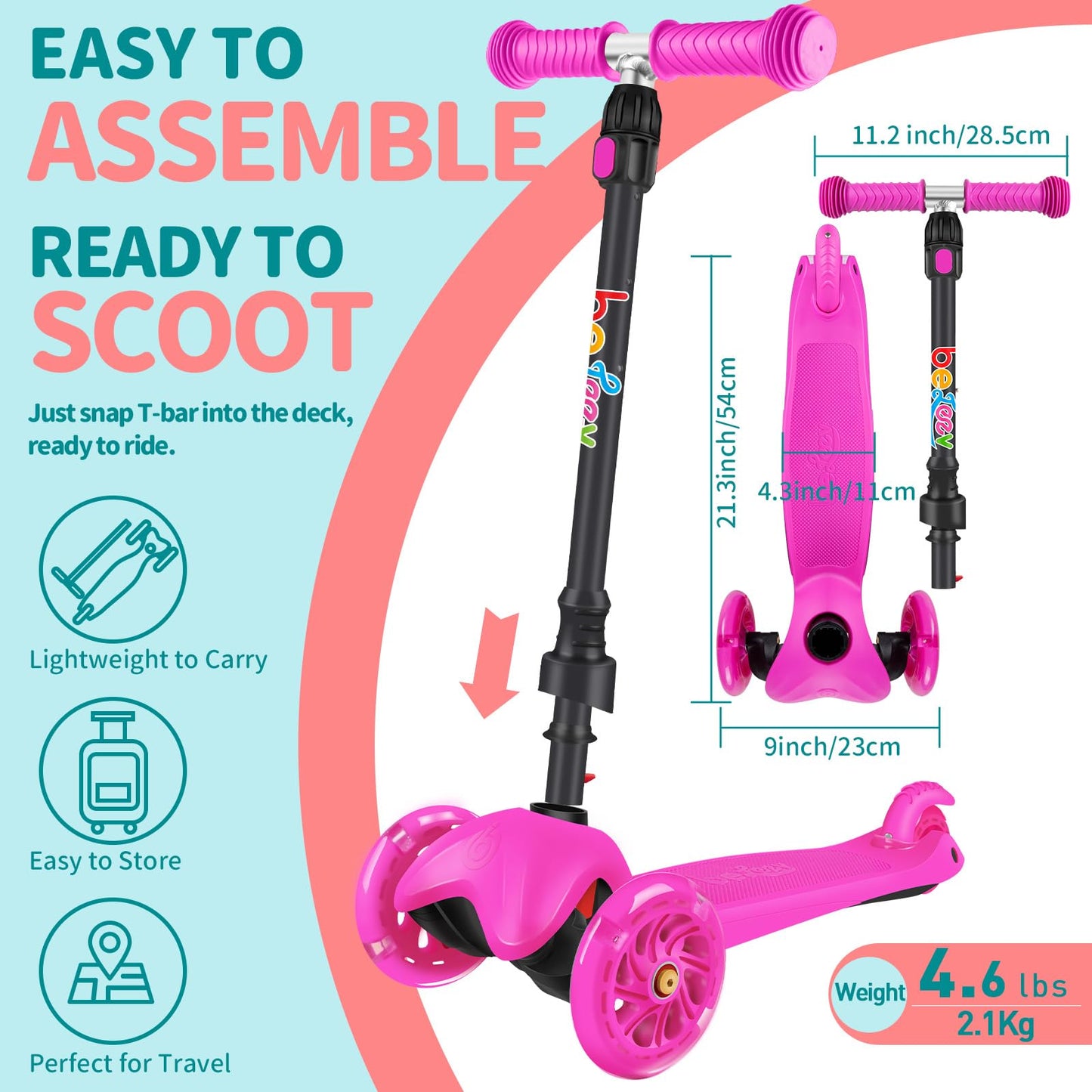 BELEEV A1 Scooter for Kids Ages 2-6, 3 Wheel Kick Scooter for Toddlers Girls Boys, 4 Adjustable Height, Lean to Steer, Light up Wheels, Wide Deck, Easy to Assemble, Lightweight Scooter for Children