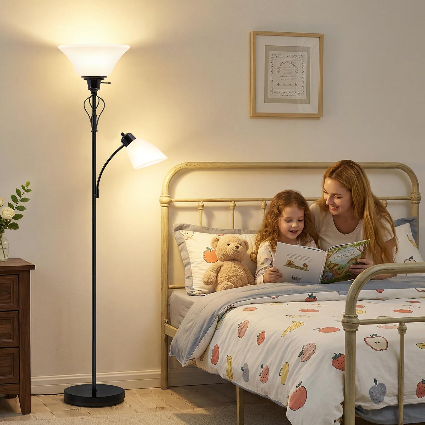 Floor Lamp for Bedroom, 70" Tall 2-in-1 Torchiere Floor Lamp with Adjustable Gooseneck Reading Light, Plastic Shade Lamps Separate On/Off Switch Modern Corner Standing Lamp for Living Room, Office