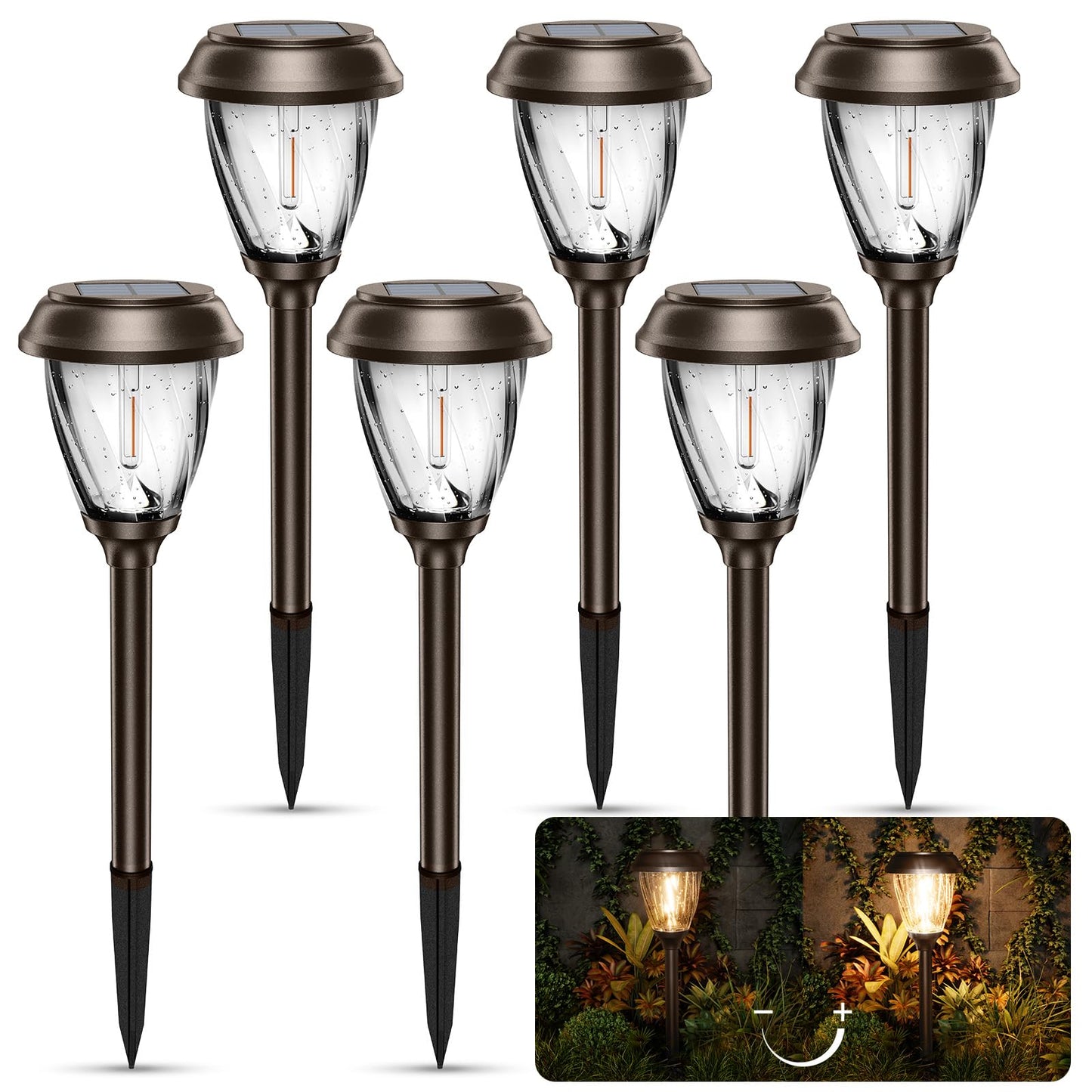XMCOSY+ Solar Lights Outdoor 10/25 LM LED with 2 Lighting Modes, Solar Garden Lights Glass and Metal, IP65 Waterproof Solar Powered for Yard Pathway Walkway Driveway Patio (6 Pack, Warm White)