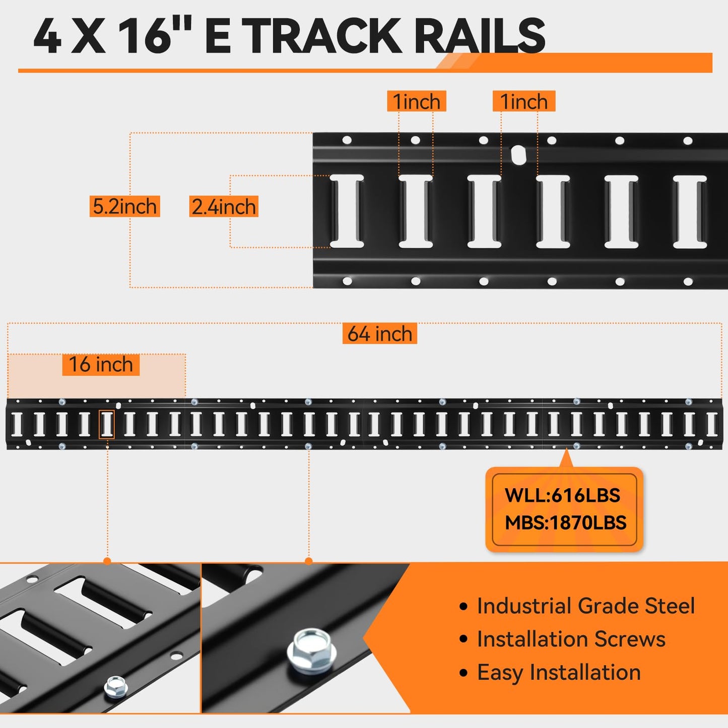 Elechomes E Track Tie-Down Rail Set: 4 Pack 16" E-Track Rails with 2 Ratchet Straps, 4 Rope Tie Offs, 4 O Rings, 4 J-Hooks, 2 Single Slot, 8 End Caps for Vans Trailers Motorcycles Garage Storage