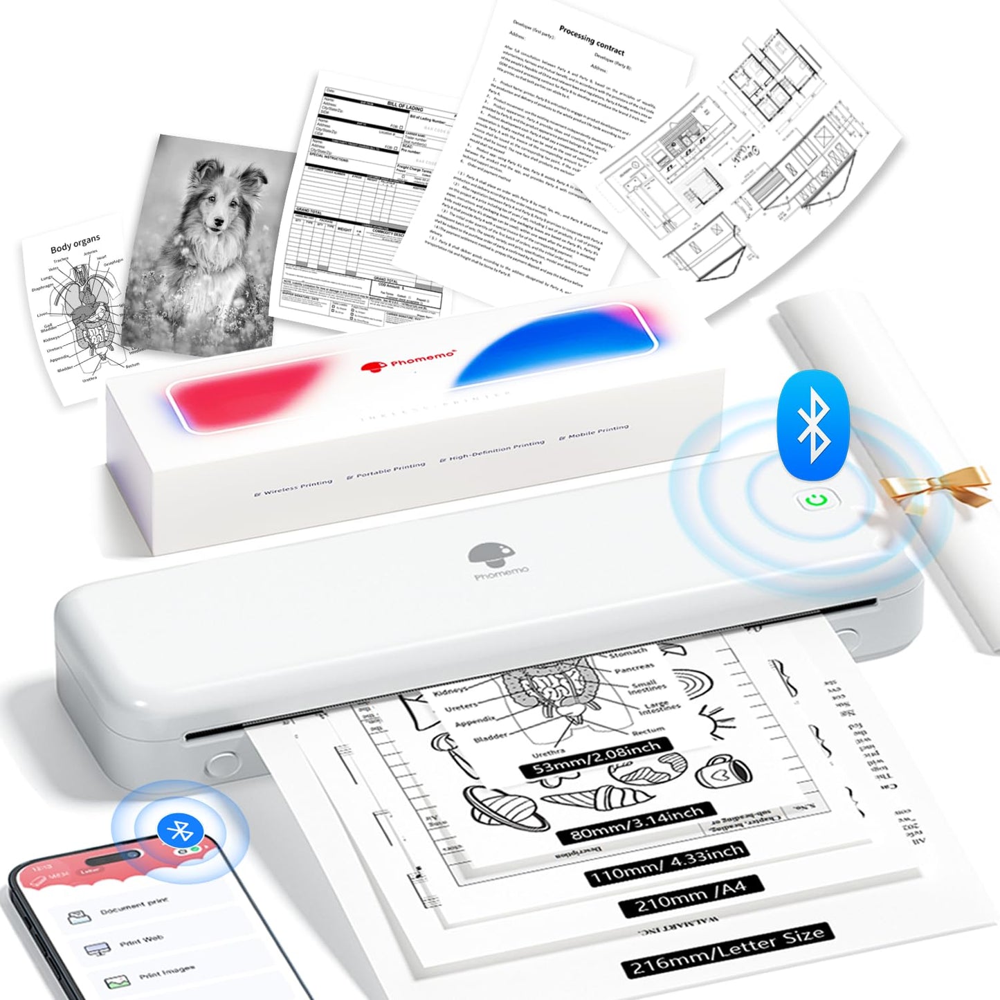 Phomemo M834 Portable Printer Wireless for Travel（Upgraded）,Supports 8.5" x 11" US Letter&A4,Bluetooth Thermal Printer Compatible with Phone&Laptops,Inkless Printer for Home Use,Office,300 Dpi