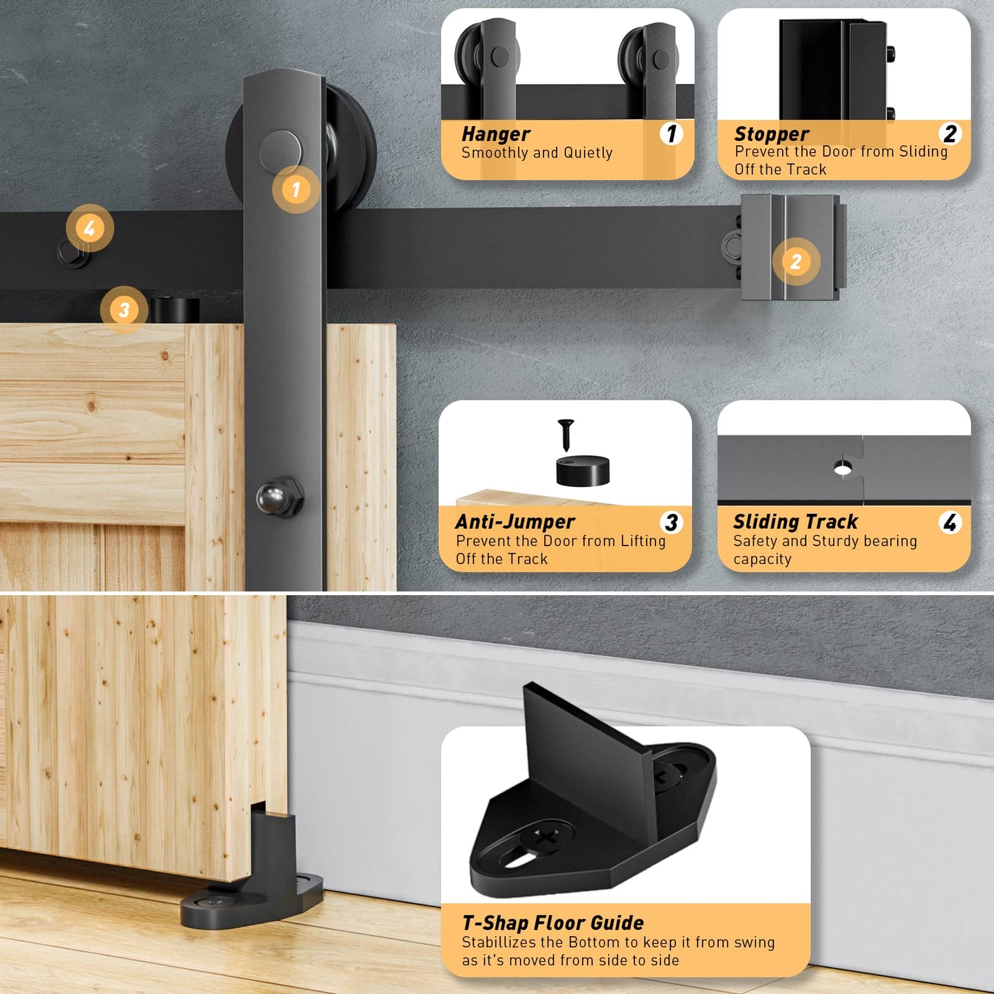 Signstek 6FT Sliding Barn Door Hardware Kit Heavy Duty with Door Hook and 2 Handles - Easy to Install -Smoothly and Quietly - Fit 1 3/8-1 3/4" Thickness -Black (I Shape Hanger)