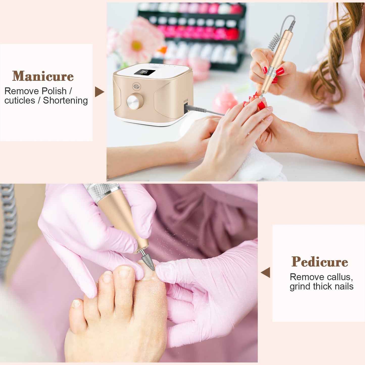 Kredioo Nail Drill Machine for Gel Acrylic Nails, 35000RPM Electric Nail File Professional Ongle E-drills with 11 Bits Manicure Pedicure Care Nails Kit for Gel Polish Remover Home Salon Tools-Gold