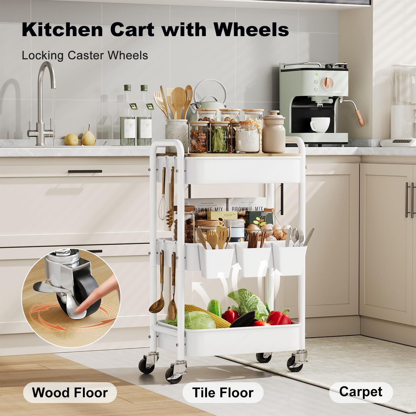 3 Tier Rolling Cart with Wood Table Top, White Bedside Cart on Lockable Wheels, Metal Utility Storage Organizer Carts for Kitchen, Art, Craft, Nail, Salon, Lash, Nursery, Bathroom, Baby Diaper Caddy