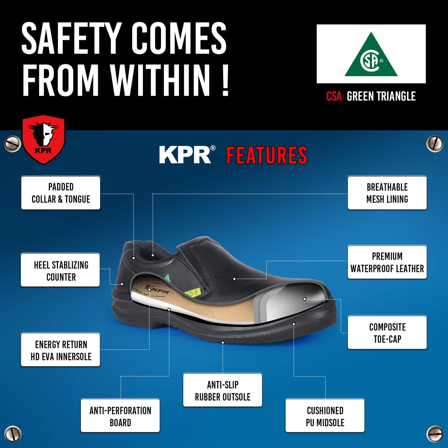 KPR Men's O807 CSA Approved Microfibre Faux Leather Green Triangle Slip Resistant Slipon Comfort Vegan Safety Loafer Clogs Shoes,Black Men's US 12