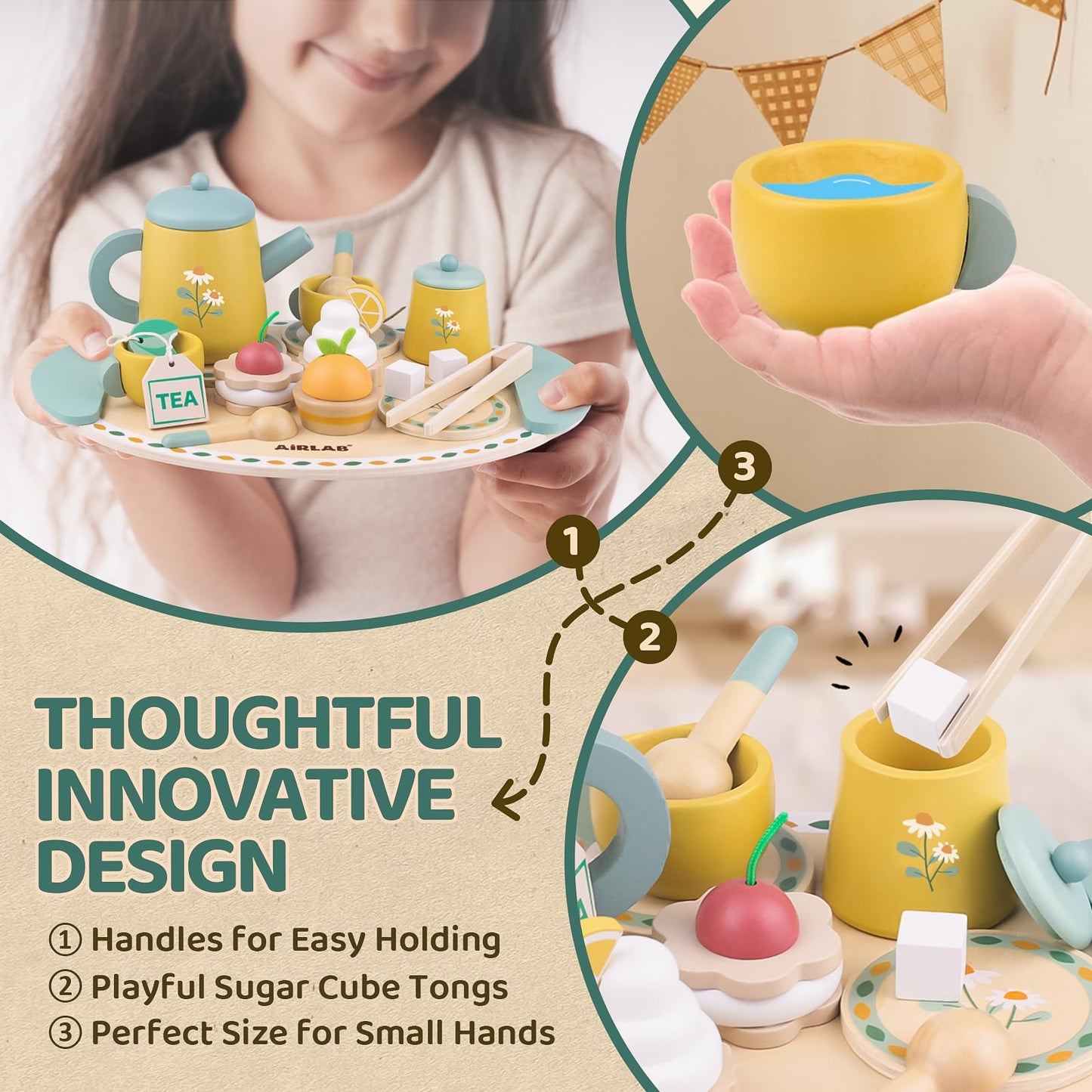 Airlab Tea Sets for Toddlers 3-5 Girl Birthday Gift 2 Year Old Princess Party Wooden Play Food Toy Sets for Kids Kitchen Accessories Age 3 4 5 6 Wood Educational Toys